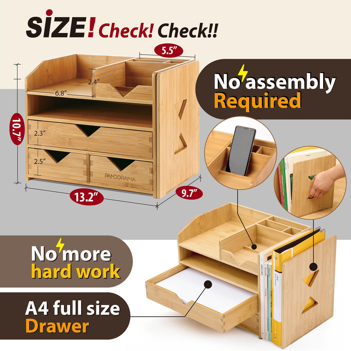 Pandorama Bamboo Desk Organizer Large - A4 Drawers & Adjustable File Holder, Fully Assembled Wood