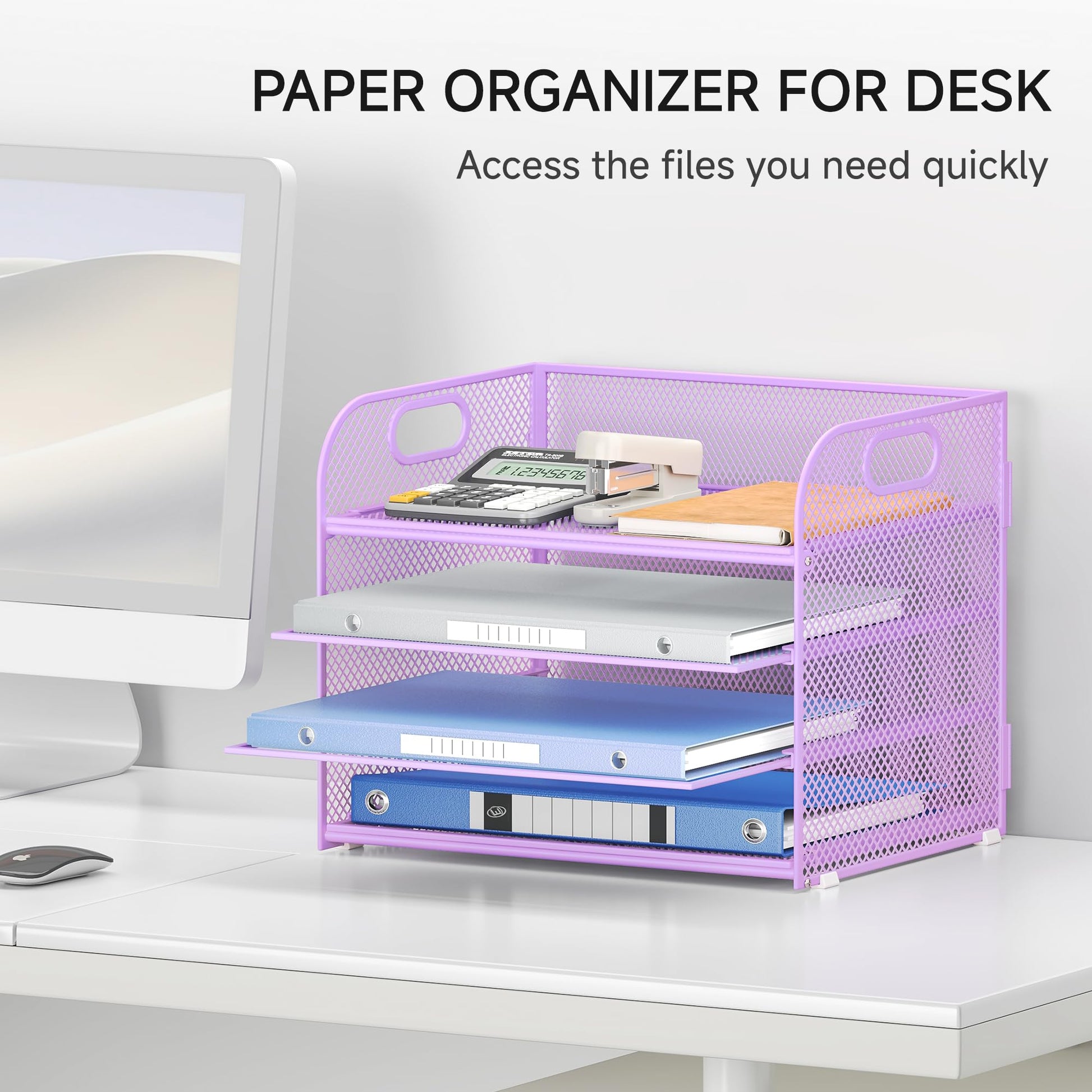 Lavatino 4-Tier Paper Organizer Trays - Purple Mesh File Folder Sorter with Handles, Desk Letter
