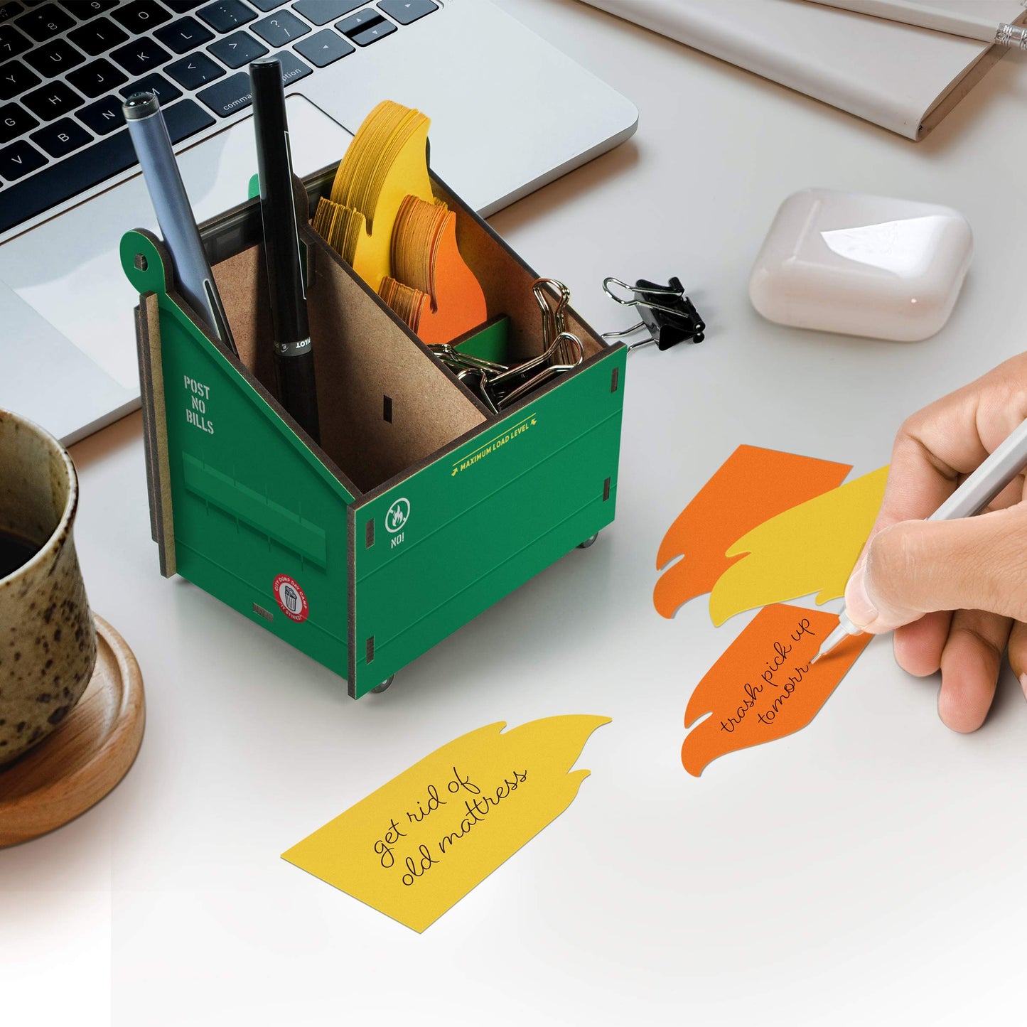 Genuine Fred Desk Dumpster Pencil Holder with 100+ Flame Note Cards, Funny 3-Compartment Organizer