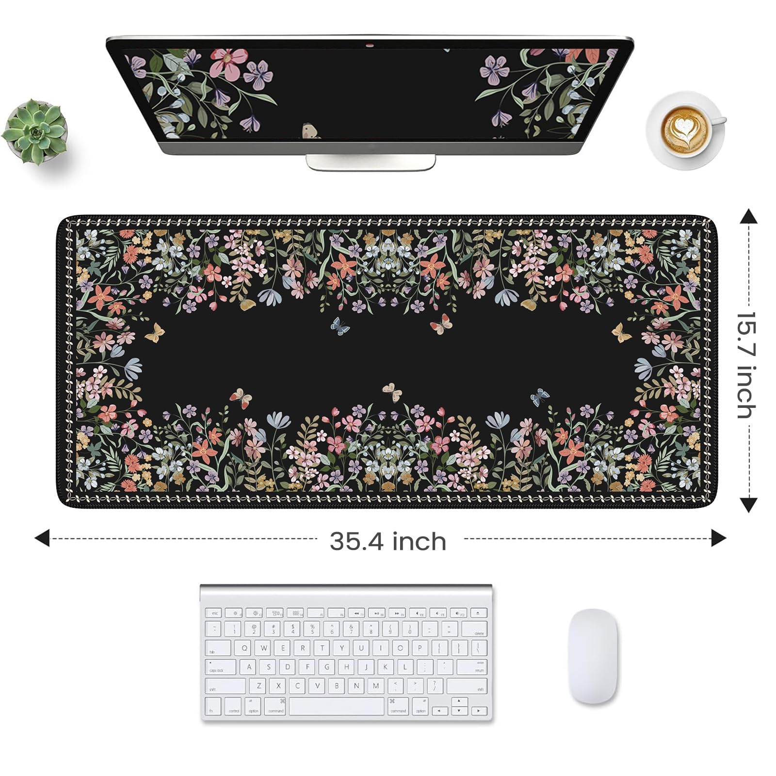 HAOCOO Floral Desk Pad, Black Computer Mat for Office Aesthetic Decor