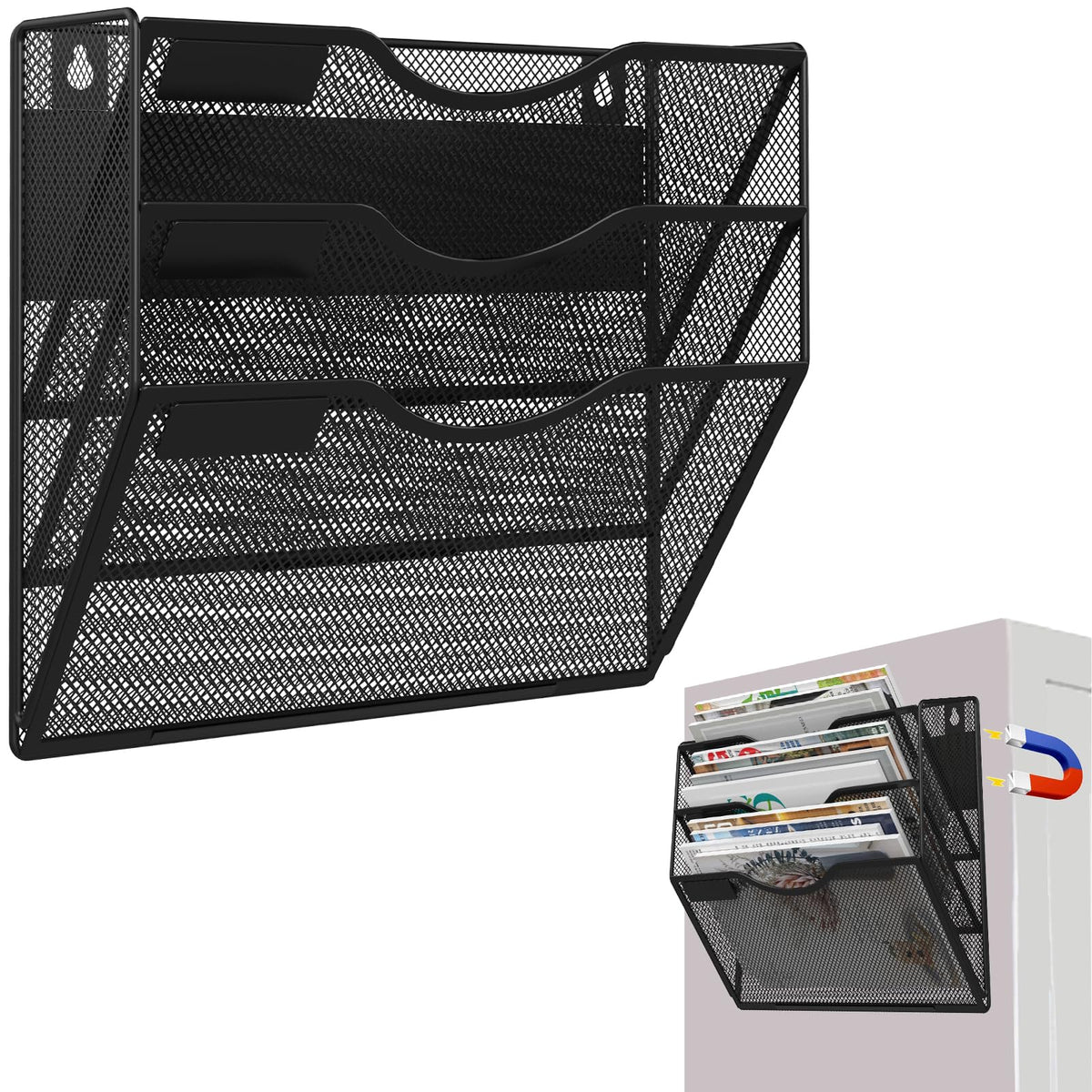 LQPAFZ 3-Tier Magnetic File Holder, No Drilling Installation File Cabinet Organizer, Black Magnetic