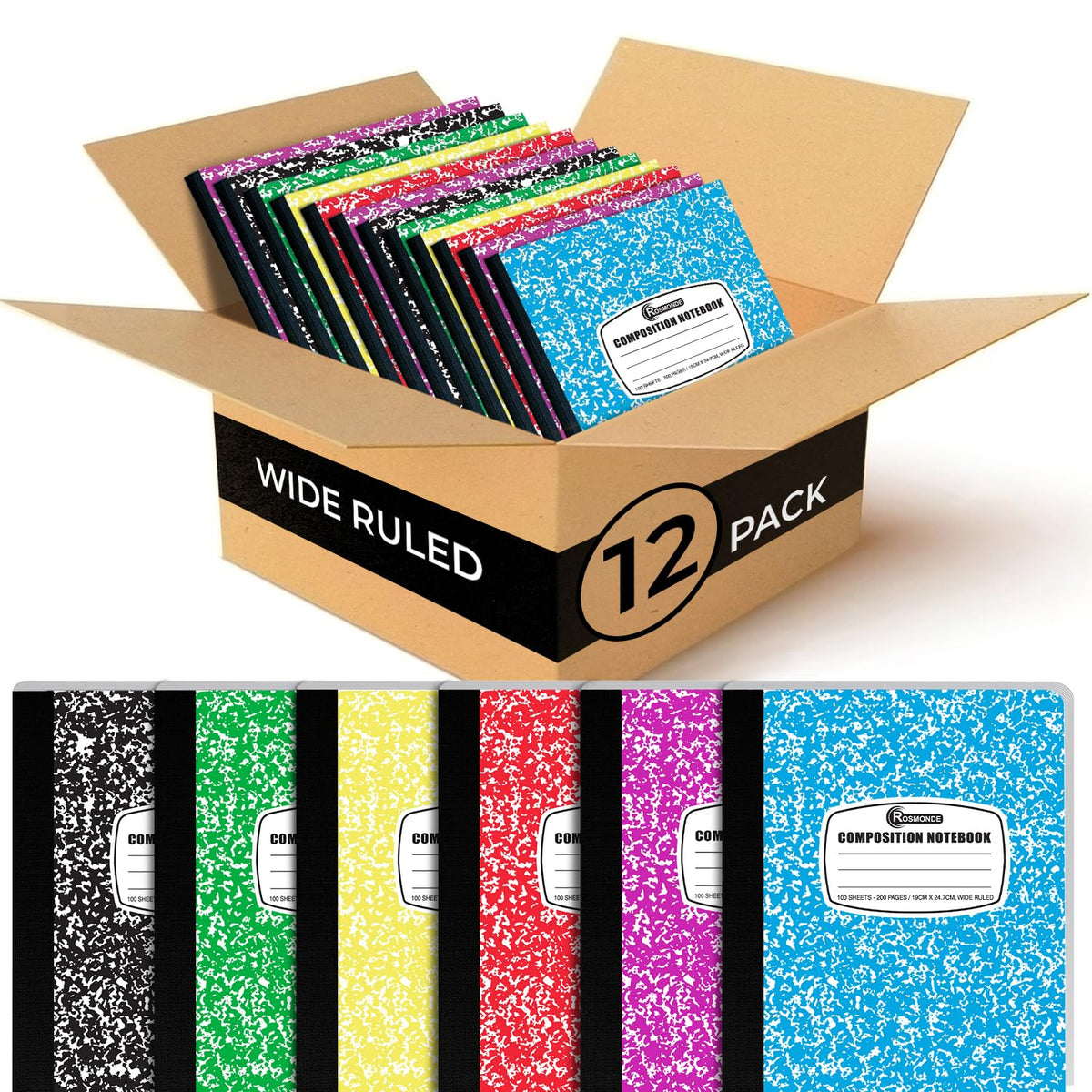 Rosmonde 12 Pack Bulk Composition Notebook Wide Ruled, Assorted Colors