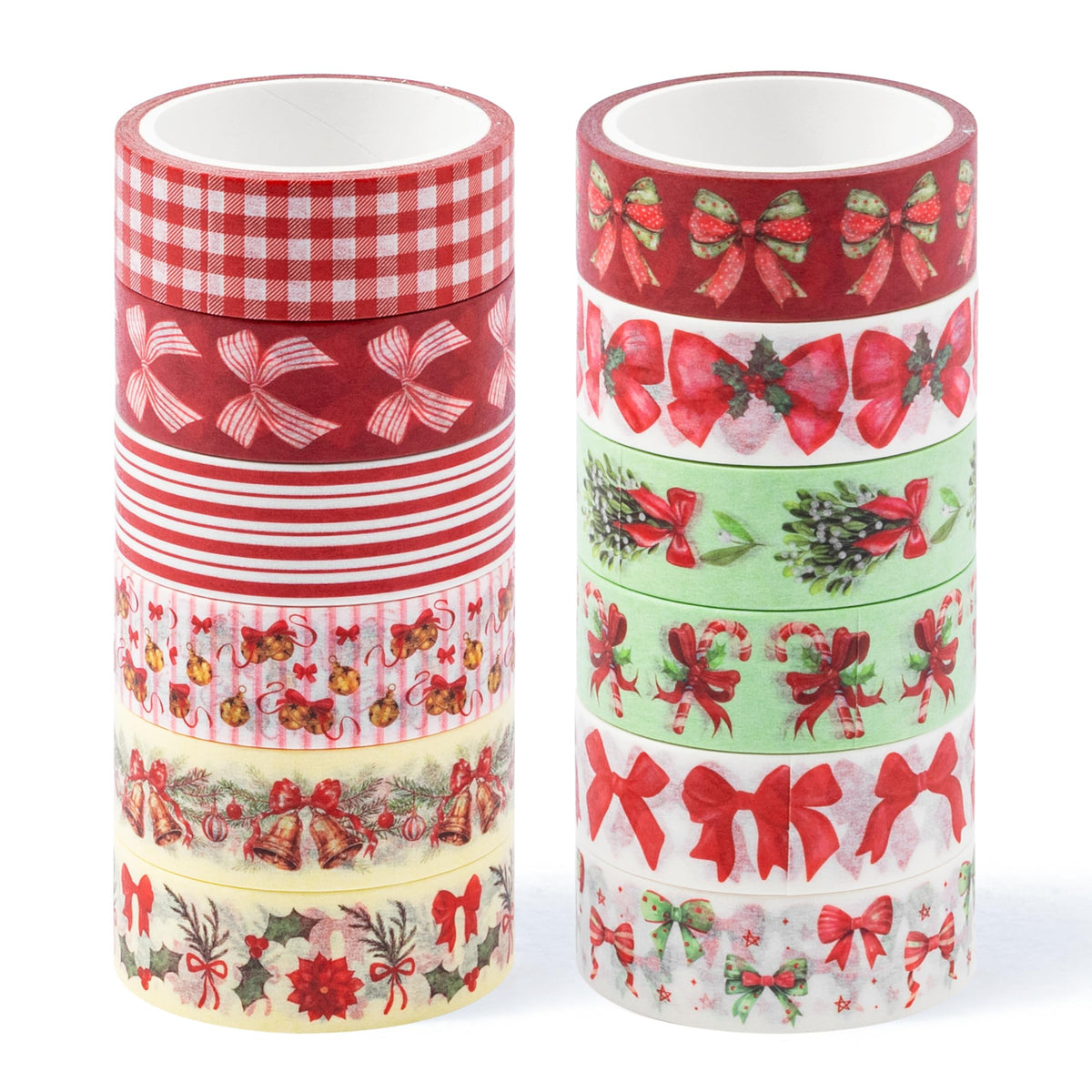 BkeeCten Christmas Bow Washi Tape - 12 Rolls Festive Holiday Designs with Holly Candy Cane