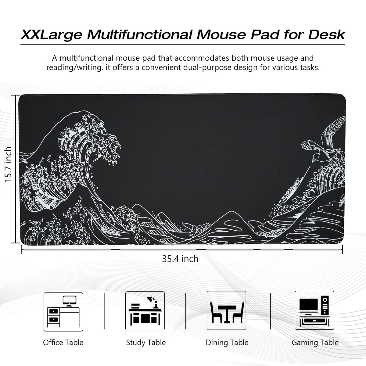 Large Gaming Mouse Pad for Desk,Kanagawa XXL Mouse Pad 35.4x15.7 Inch,Waterproof Desk Pad,Non-Slip