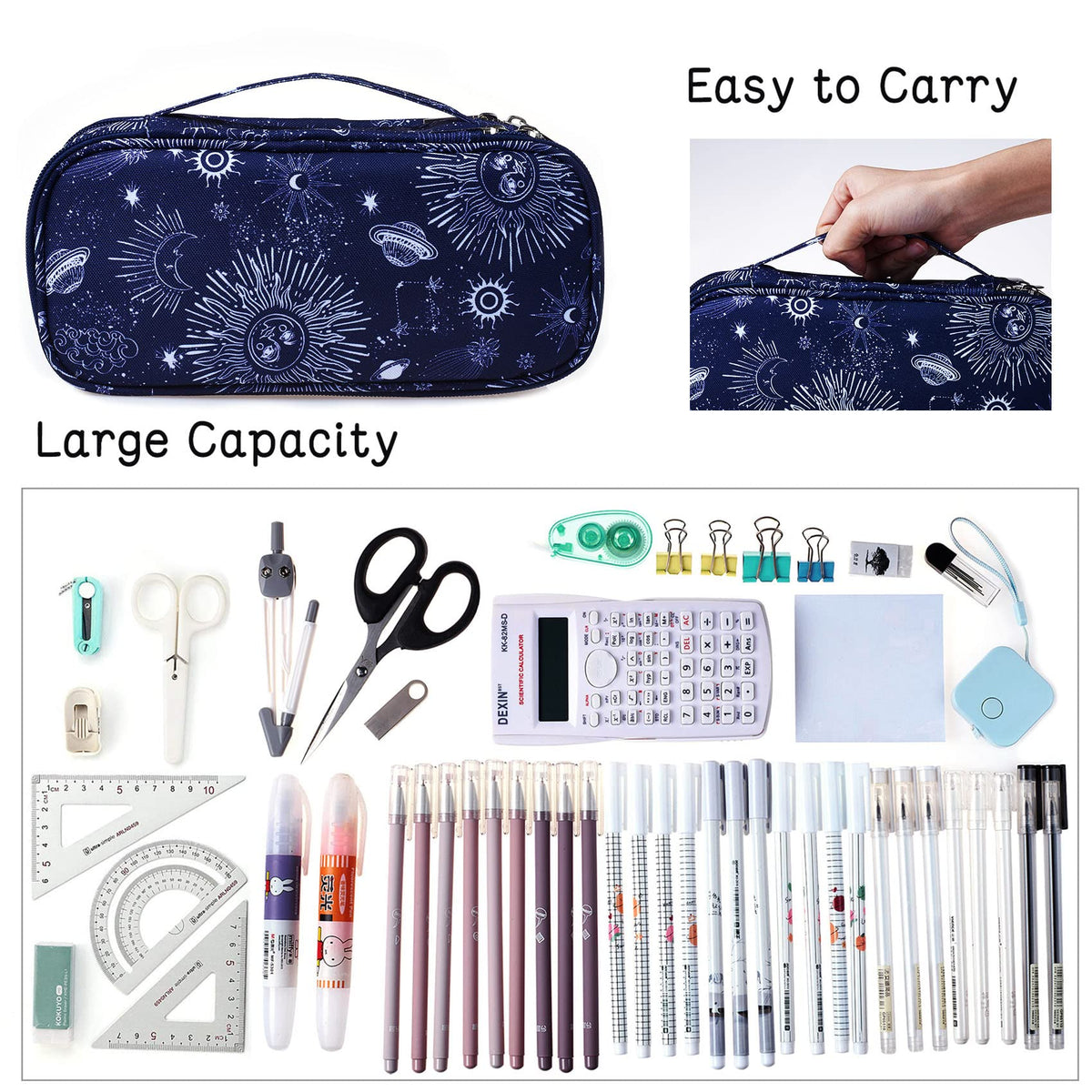 LParkin Sun and Moon Pencil Case Super Large Capacity 3 Compartments Canvas Pencil Box Office