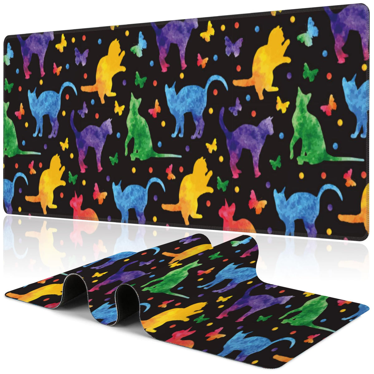 Colorful Cats and Butterflies Desk Mat,Large Watercolor Kittens Butterfly Gaming Keyboard Mouse
