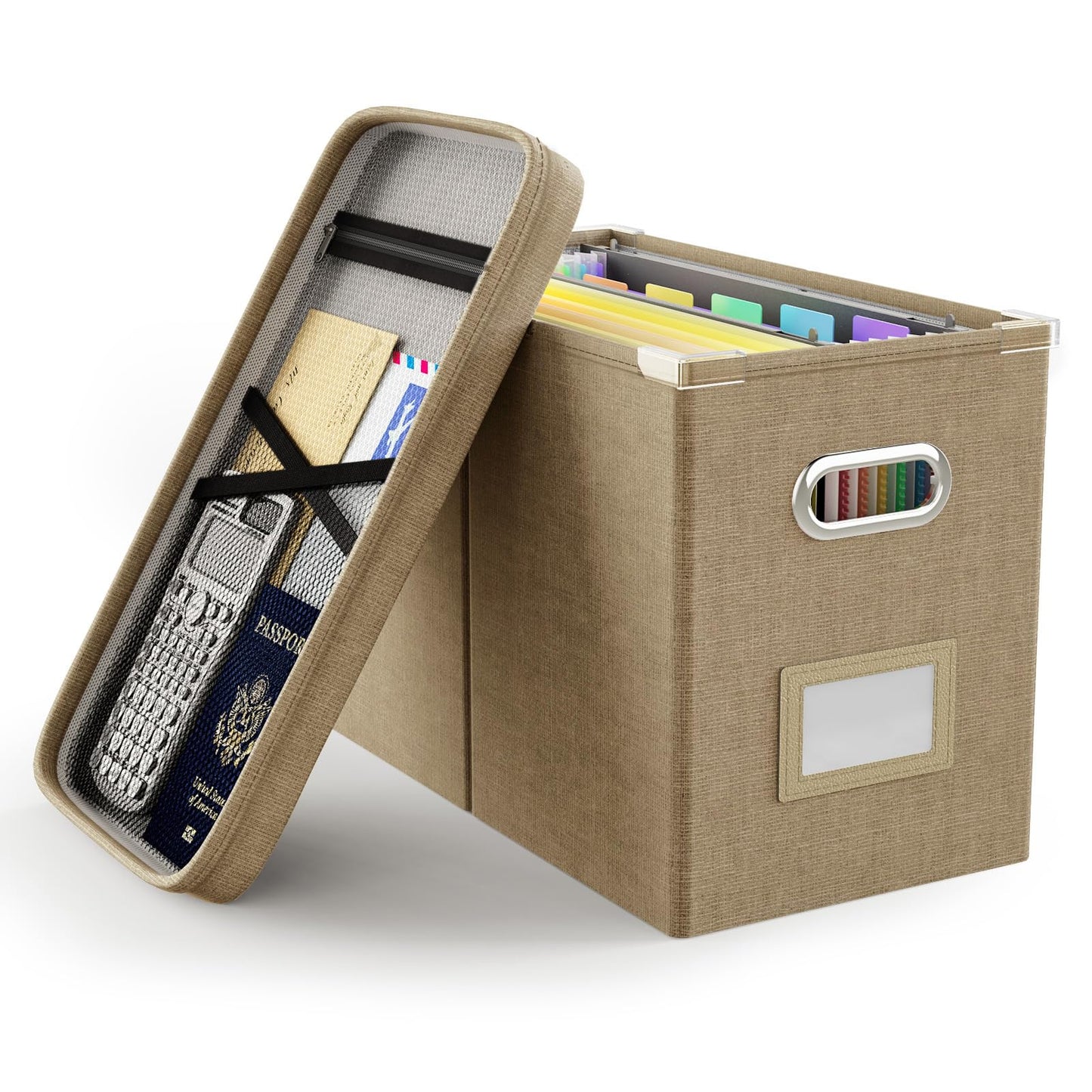 Oterri File Organizer Box with Lid, Hanging Filing File Box with Mesh Pocket, Document Organizer