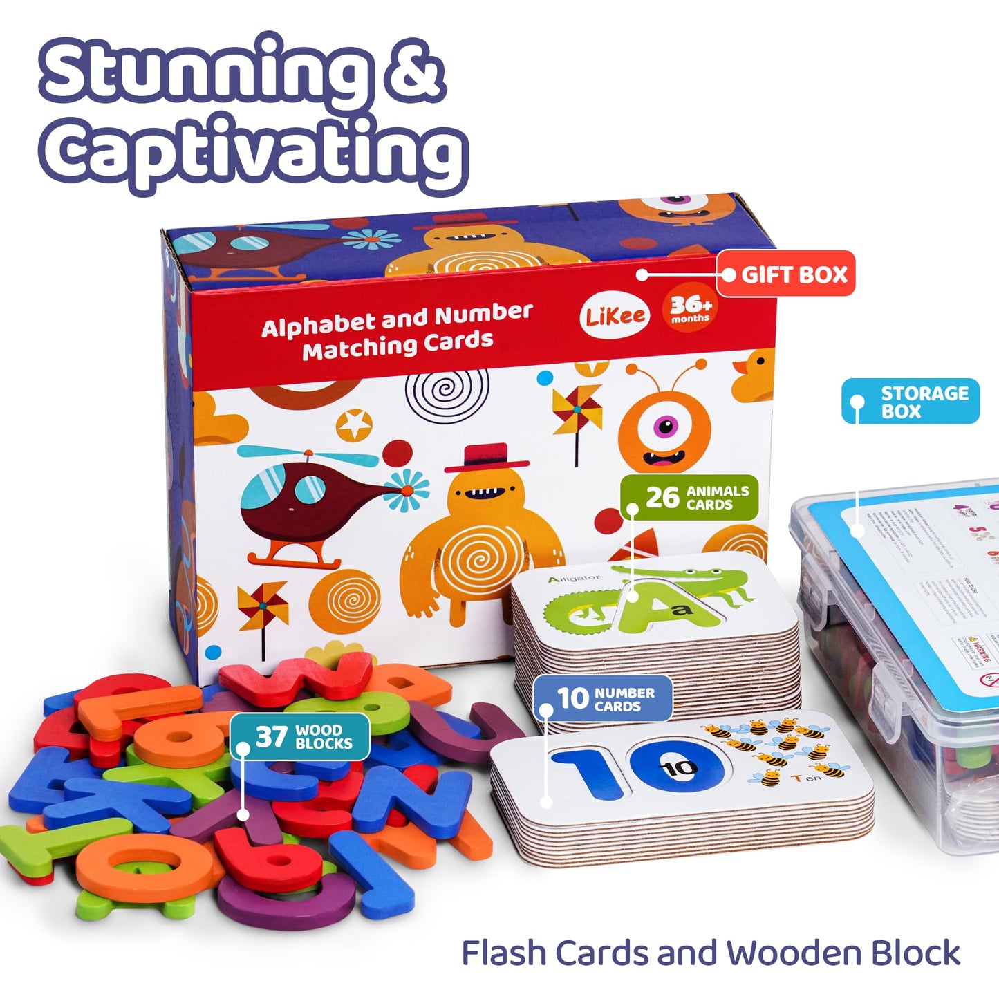 LiKee Alphabet Flash Cards Wooden Letter Puzzle ABC Sight Words Matching Games Counting Board