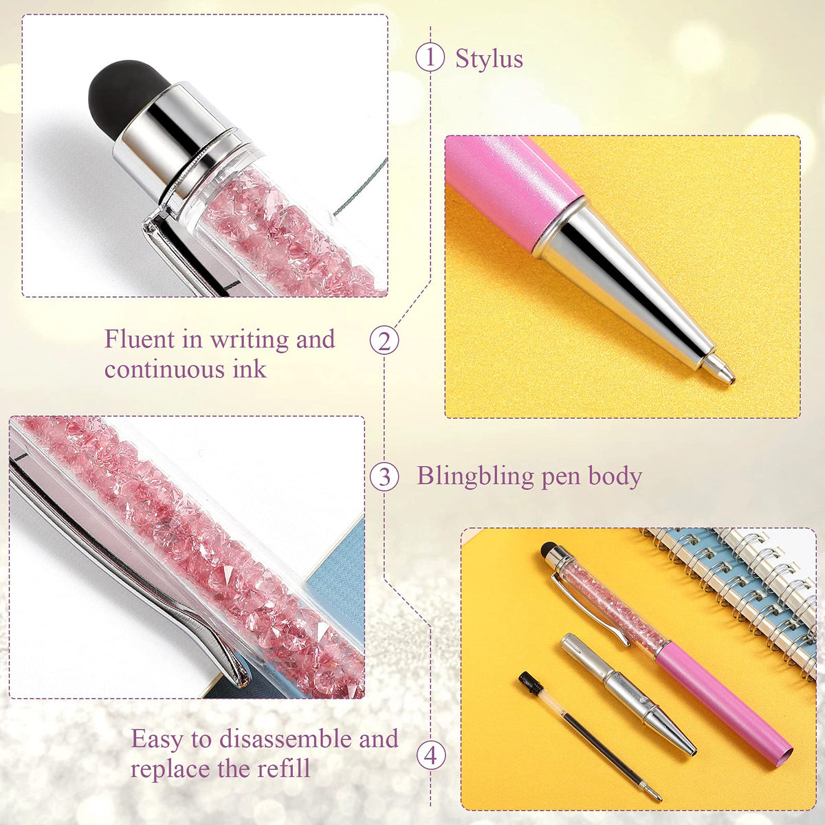 HESTYA 26 Pcs Crystal Stylus Ballpoint Pens 2-in-1 for Women, Cold Colors