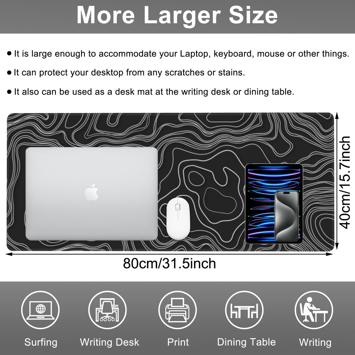 Mouse Pad, Large Mountain Topographic Terrain Map Desk Mat, Extended Non-Slip Gaming Keyboard