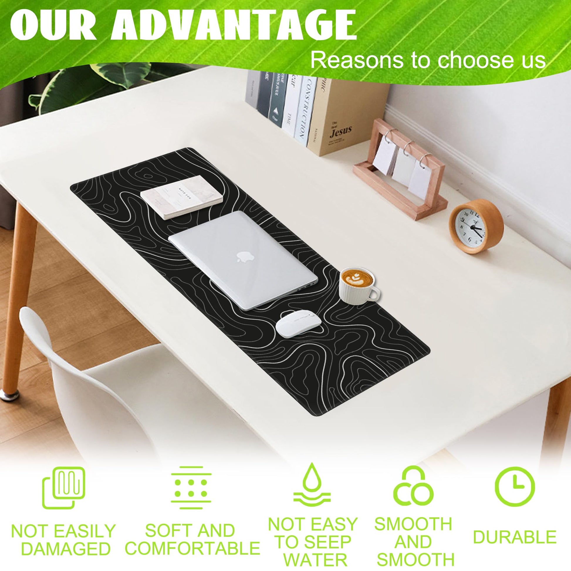 Eflxamz Desk Mat,Black Topographic Contour Map Desk Pad,Topographic Contour Large Gaming Mouse Pad