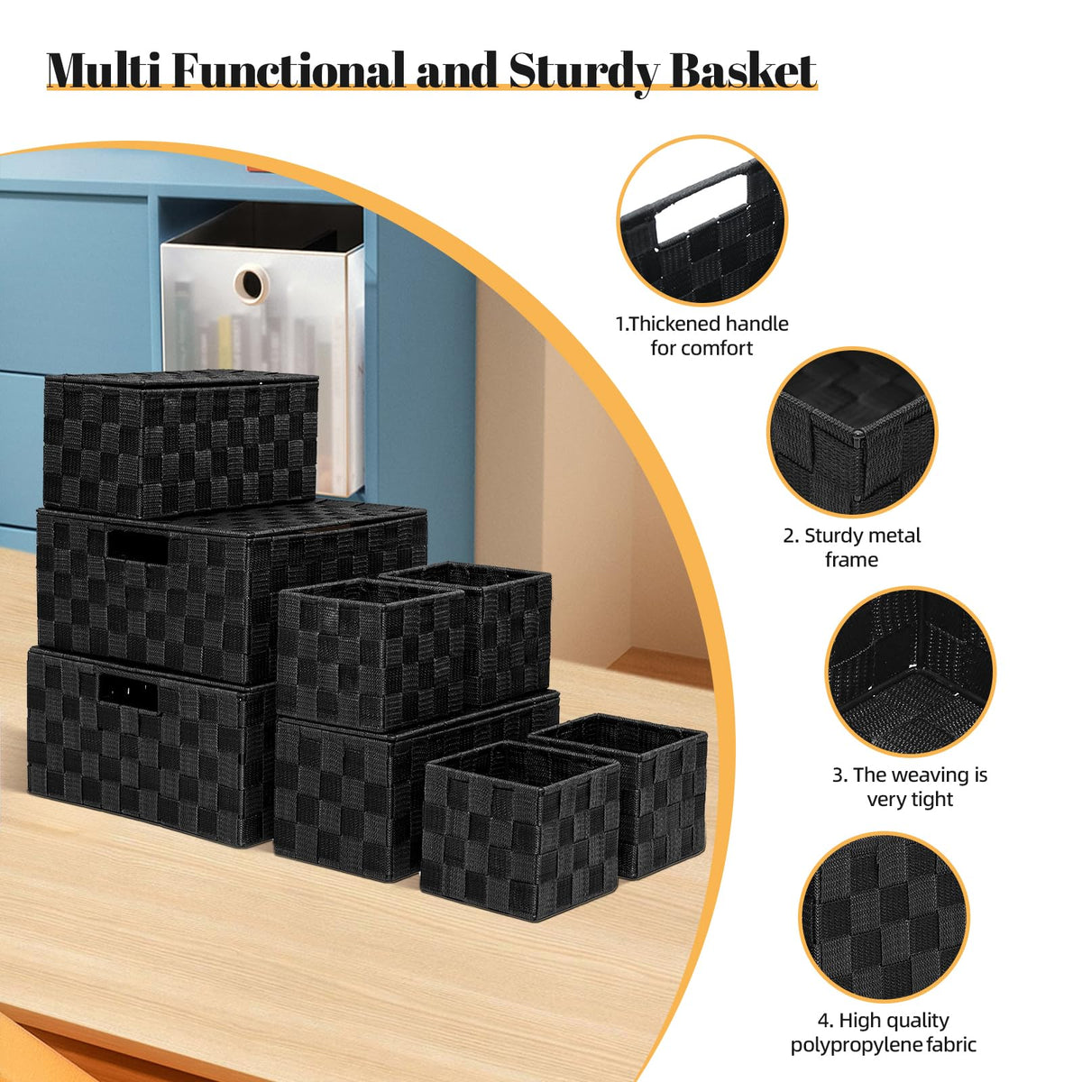ArcaGuru Woven Polypropylene Basket Set of 8, Black Storage Basket, Woven Strap Baskets, Woven