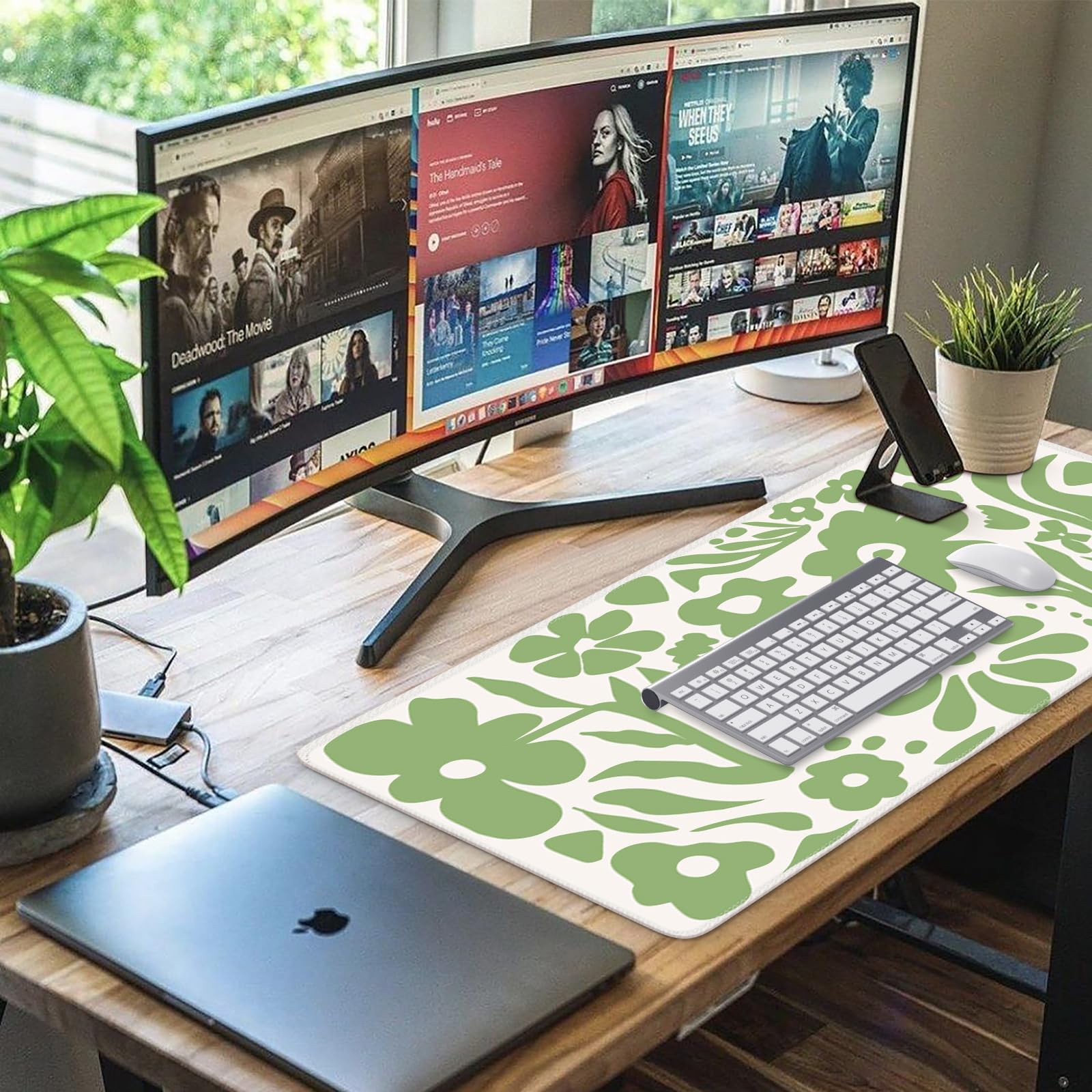 iCasso Desk Mat, Desk Matt for Desktop, Cute Desk Pad Mat, Green Flowers