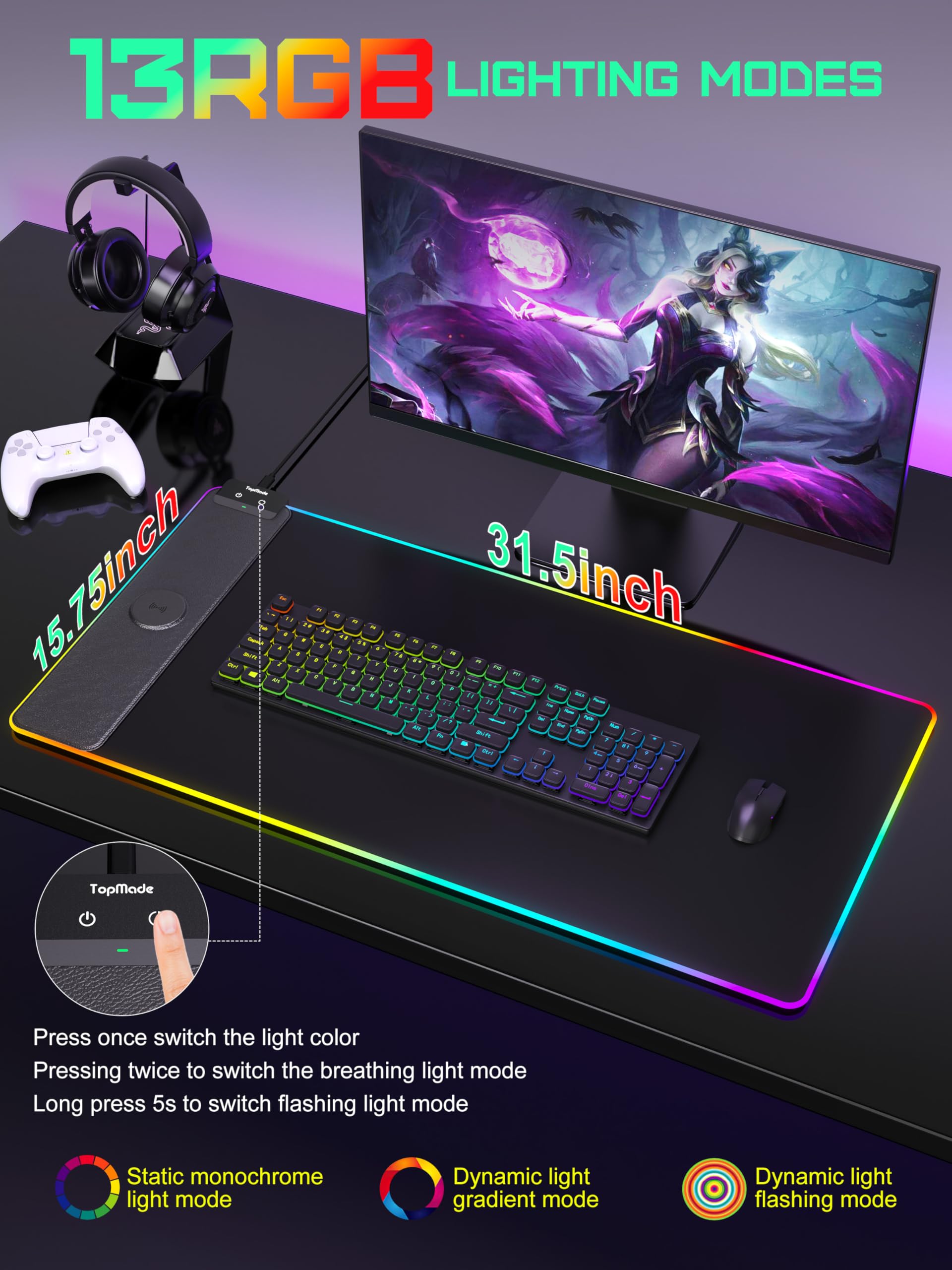 Mouse Pad with Wireless Charging, 31.5" x 15.75" XXL Large Desk Mat