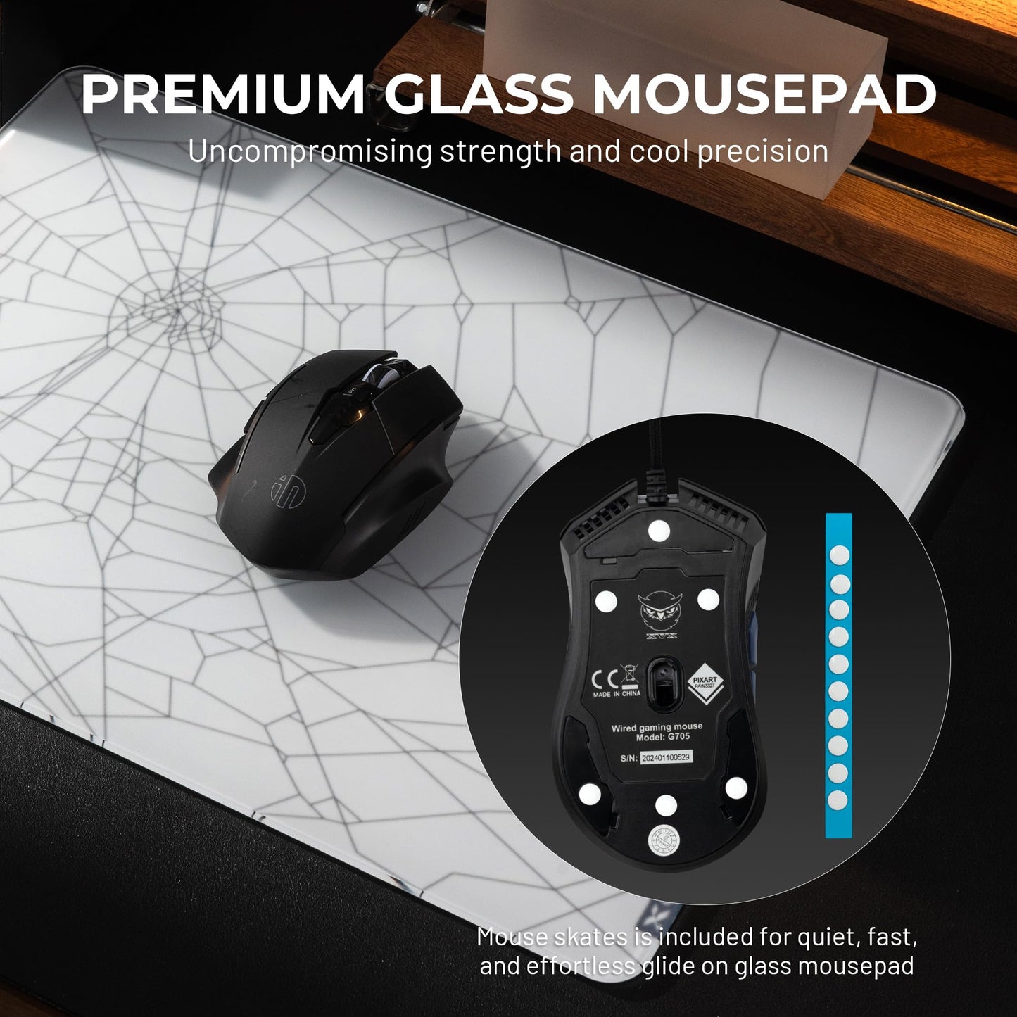 XVX White Spider Webs Glass Gaming Mousepad 4.0,Hard Mousepad for Gaming,Ultra-Smooth Micro-Etched