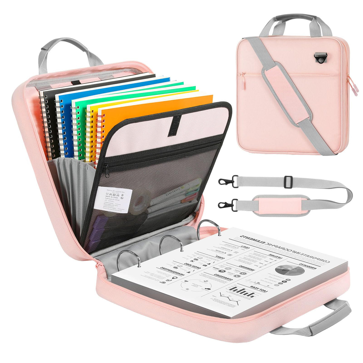 MoKo Zipper Binder, 3 Inch 3 D Ring, 5 Tab File Folders, 700 Sheets, Pink