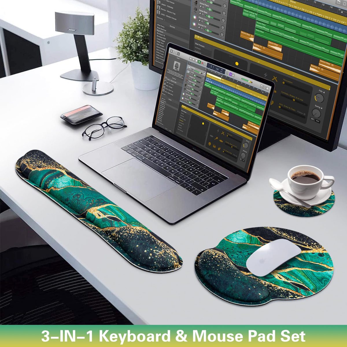Mouse Pad Green with Wrist Rest Set, 3-in-1 Wrist Support Mousepad