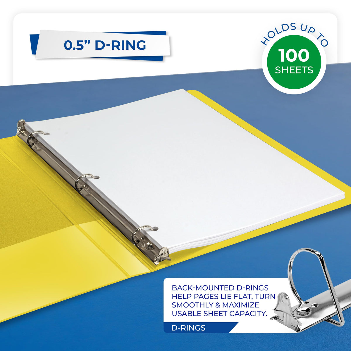 Samsill Durable 0.5 inch 3 Ring Binder, D Ring Binder, 100% Recycled Chipboard, Yellow, 12 Pack