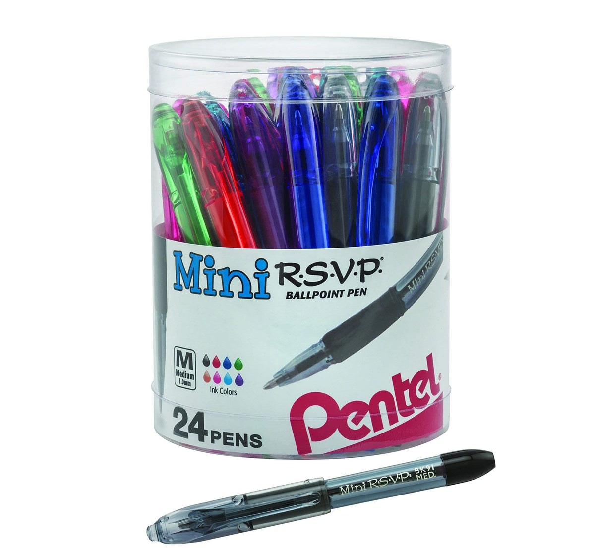 Pentel RSVP Mini Ballpoint Pen, (1.0mm) Medium Line, 24-Assorted Ink in Clear Cylinder Pack