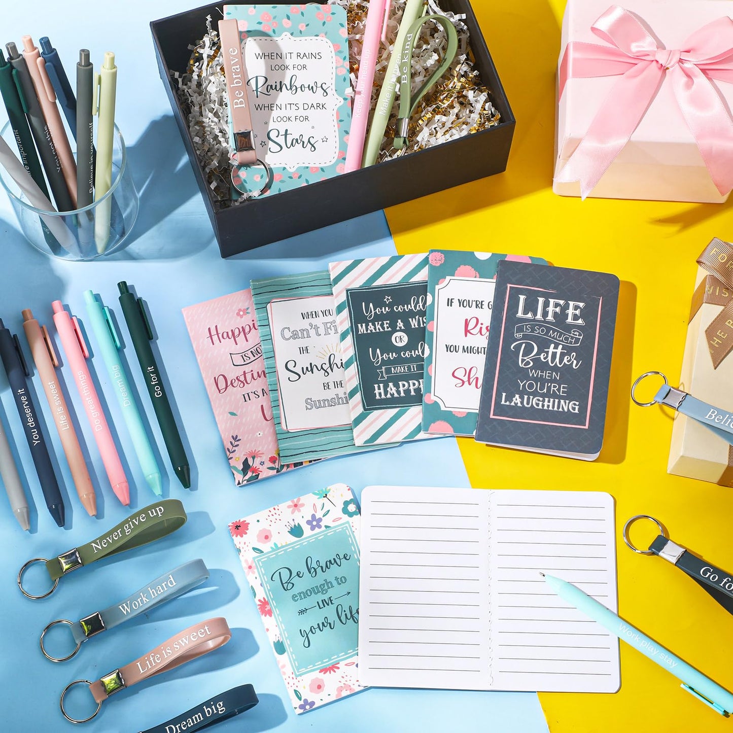 PerKoop 48 Pcs Inspirational Gifts Bulk Notepads Pens Keychain Set, Classic