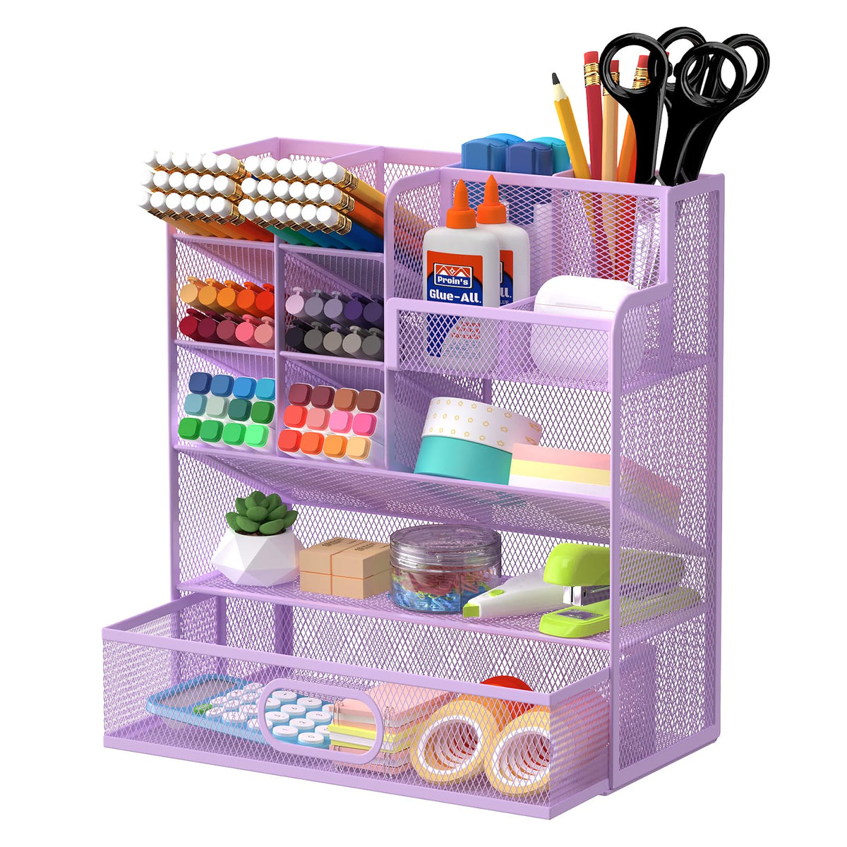 ReePlan Mesh Pen Organizer for Desk, 13 Compartments with Drawer， Purple