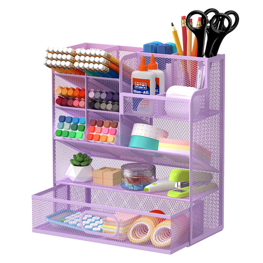ReePlan Mesh Pen Organizer for Desk, 13 Compartments with Drawer， Purple