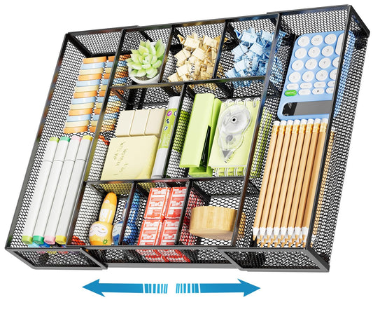 Marbrasse Expandable Desk Drawer Organizer, Mesh Drawer Organizer Tray with 10 Adjustable