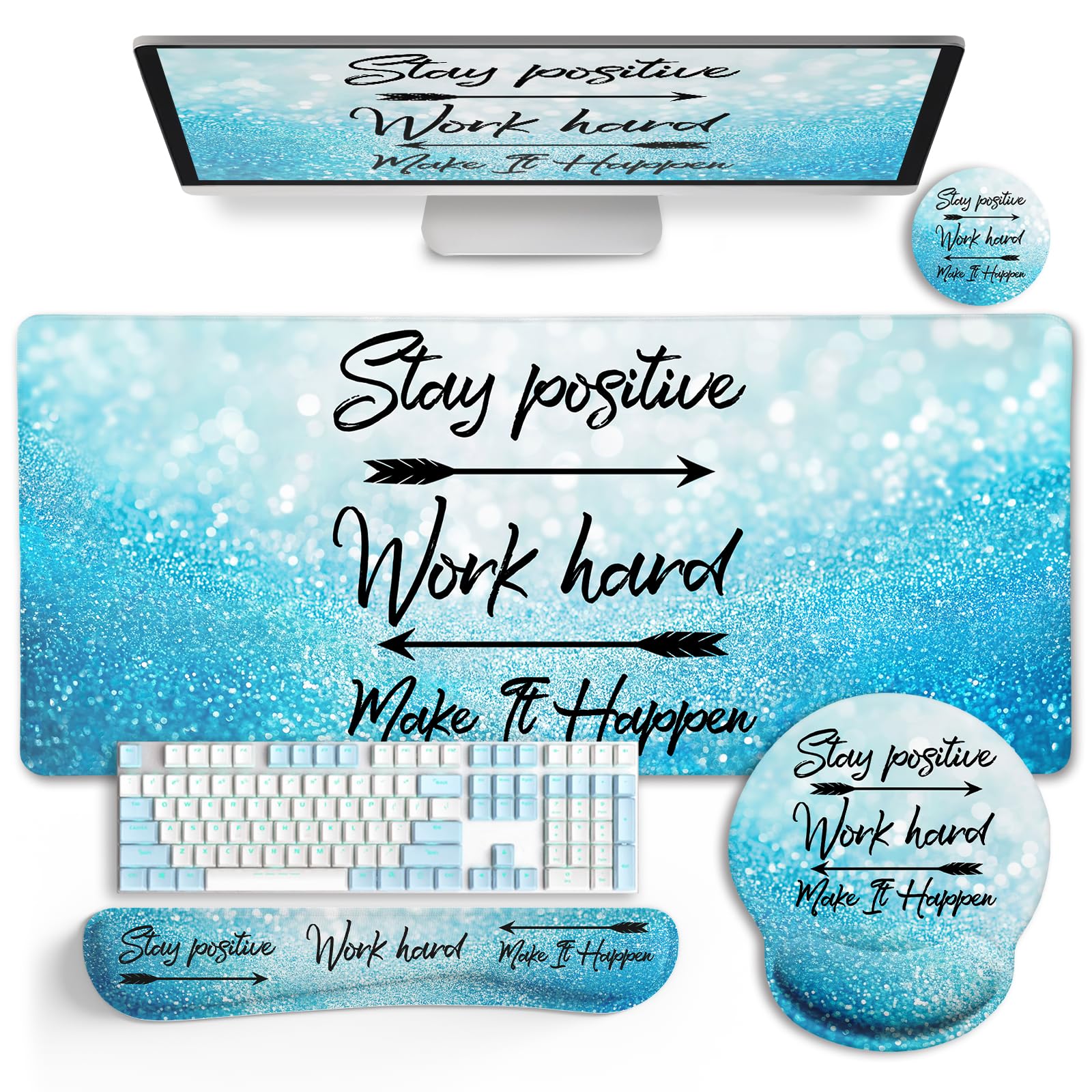 LIMKRIAN Desk Mat Pad Set, Large Mouse Pad with Wrist Rest, Stay Positive