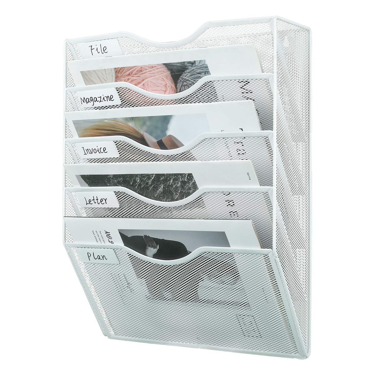 PAG-Mass Hanging Wall File Holder Mail Organizer Wall Mount Document Letter Rack, 5-Tier, White