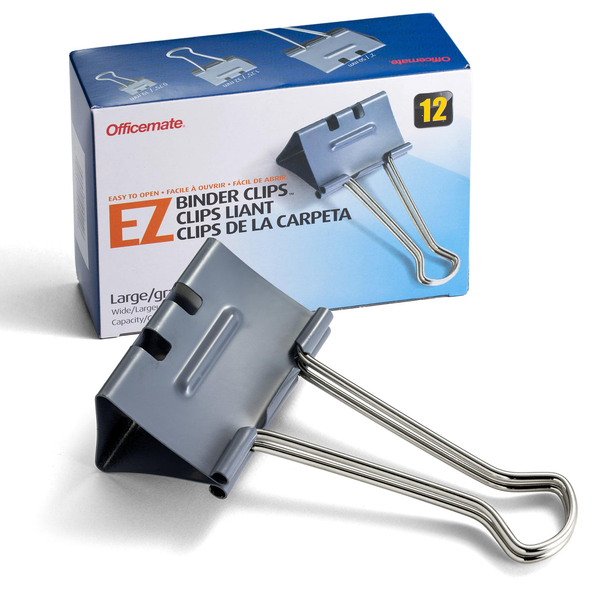 Officemate EZ Large Size Binder Clips 12-Count - Gray, Paper Clamps for Document Organization