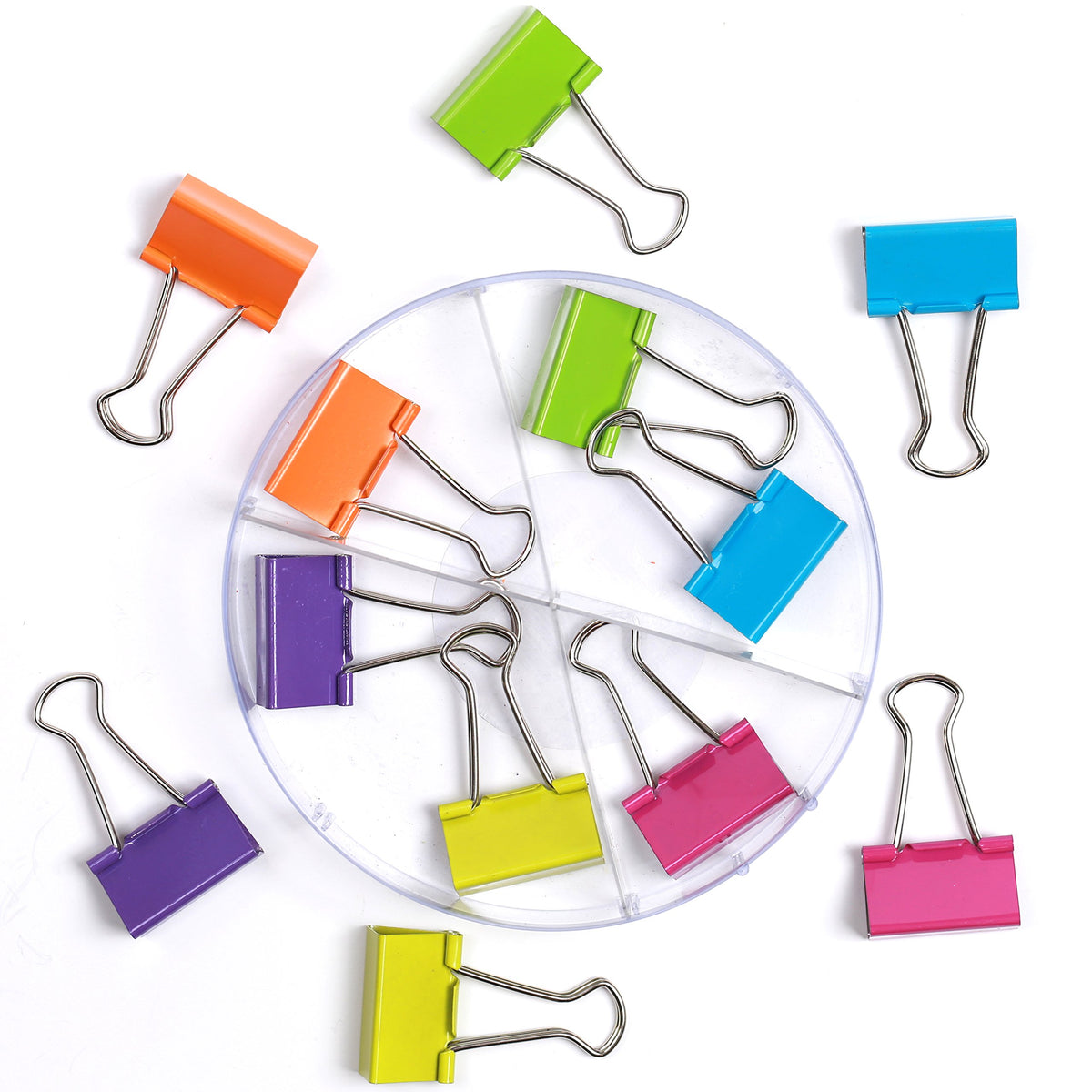 Office Style Medium Sized Binder Clips with Clear Plastic Storage Container - 12 Pieces - Large