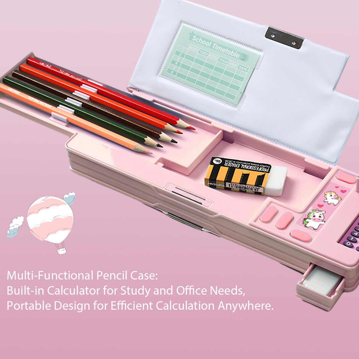Pop Up Multifunction Pencil Case, Cute Cartoon Pen Box Organizer Stationery with Calculators