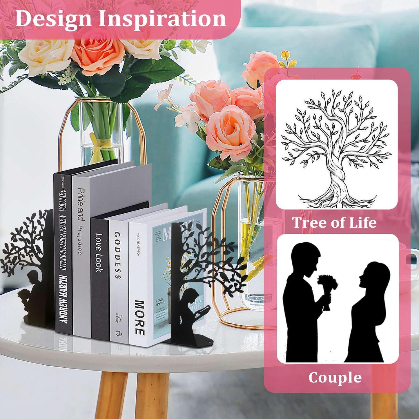 Tree of Life Bookends Decorative Couple Book Ends for Shelves (Black)