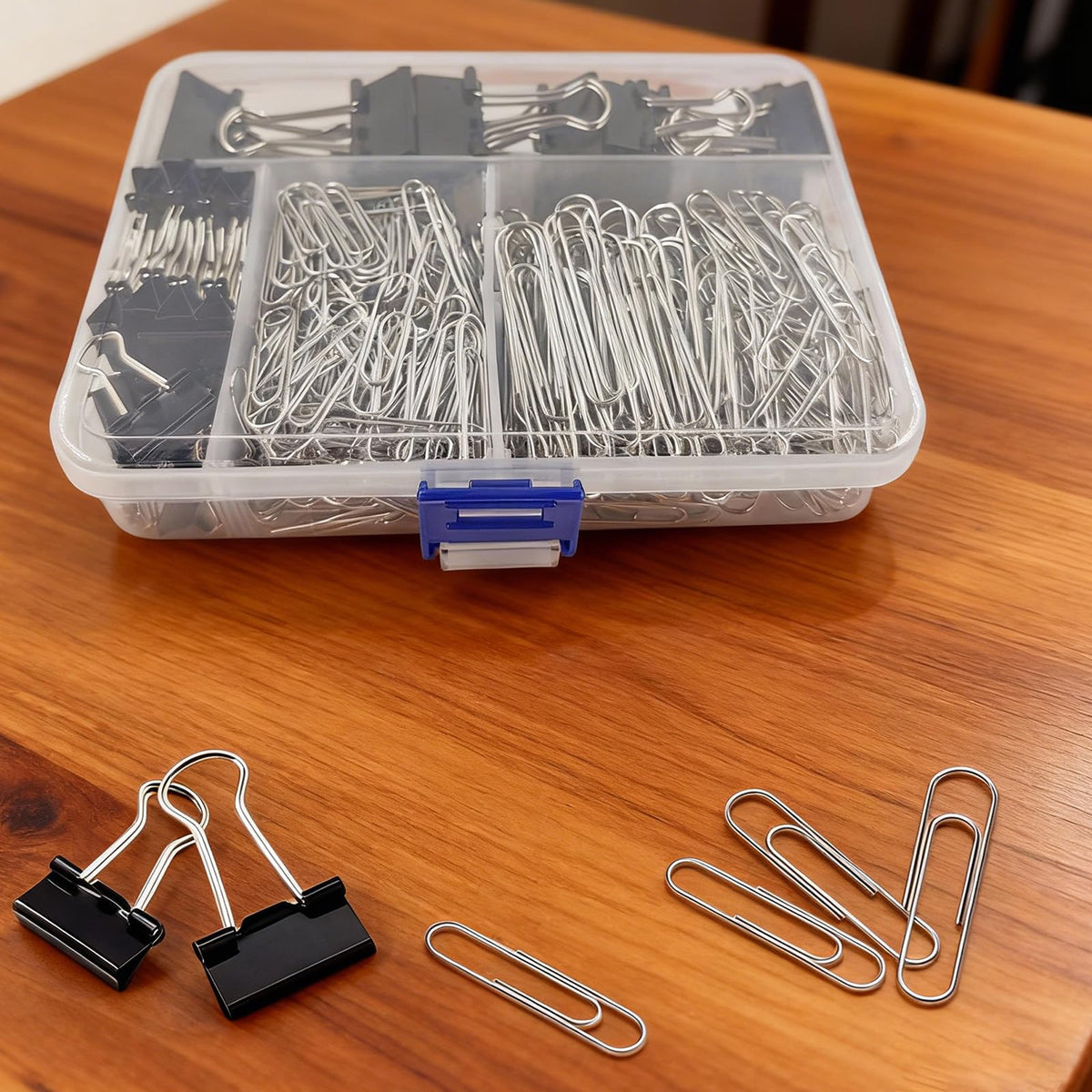 Binder and Paper Clips Set, 340 pcs Assorted Sizes in Container With Compartments - Silver Paper