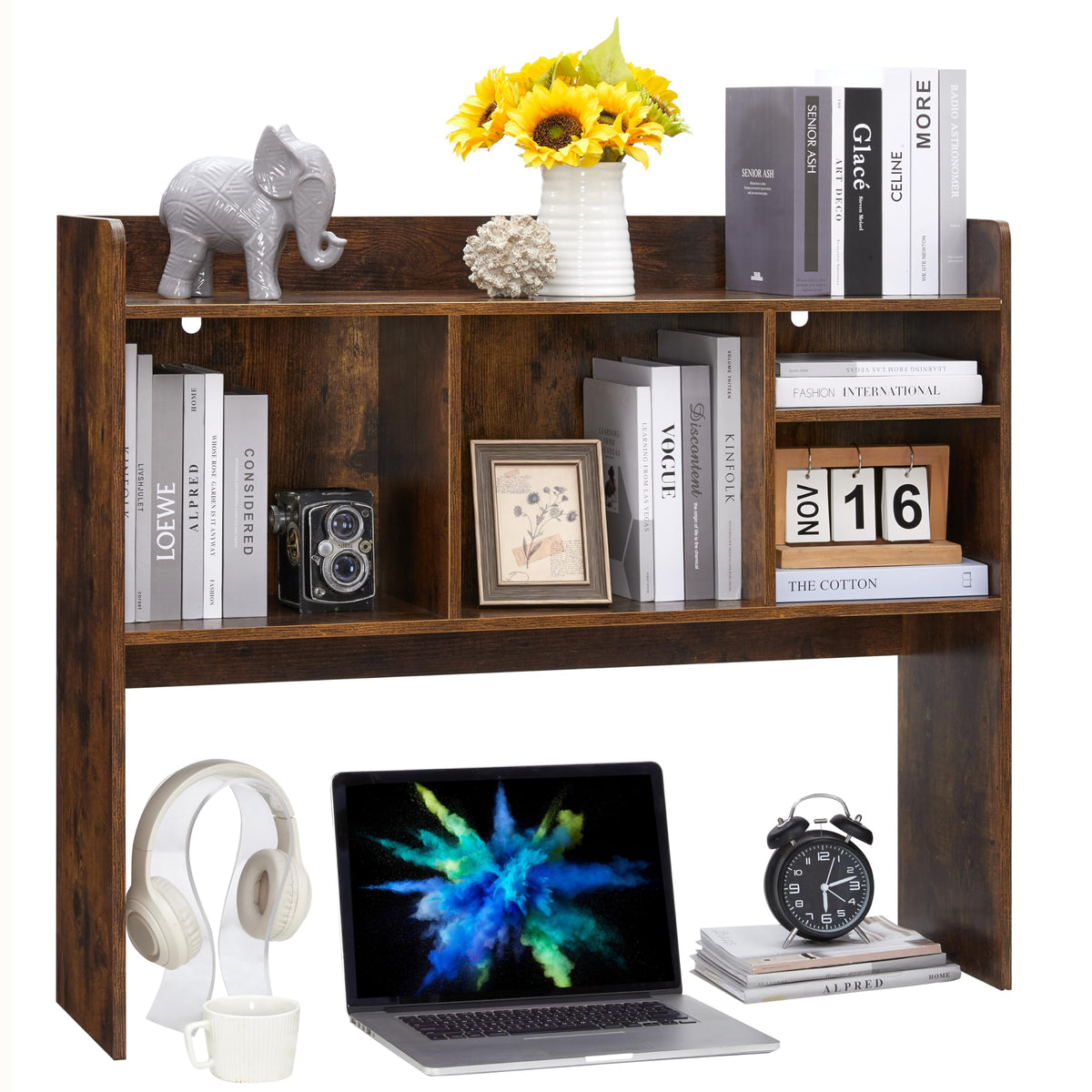 Nromant Desktop Bookshelf, Wooden Desk Storage Hutch with 6 Shelves for Computer Desk, 3-Tier