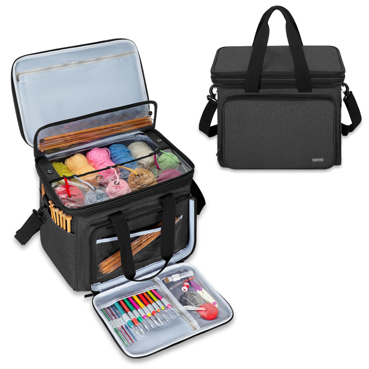 Teamoy Crochet Bag, Knitting Bag Yarn Storage Tote, Yarn Organizer, Black