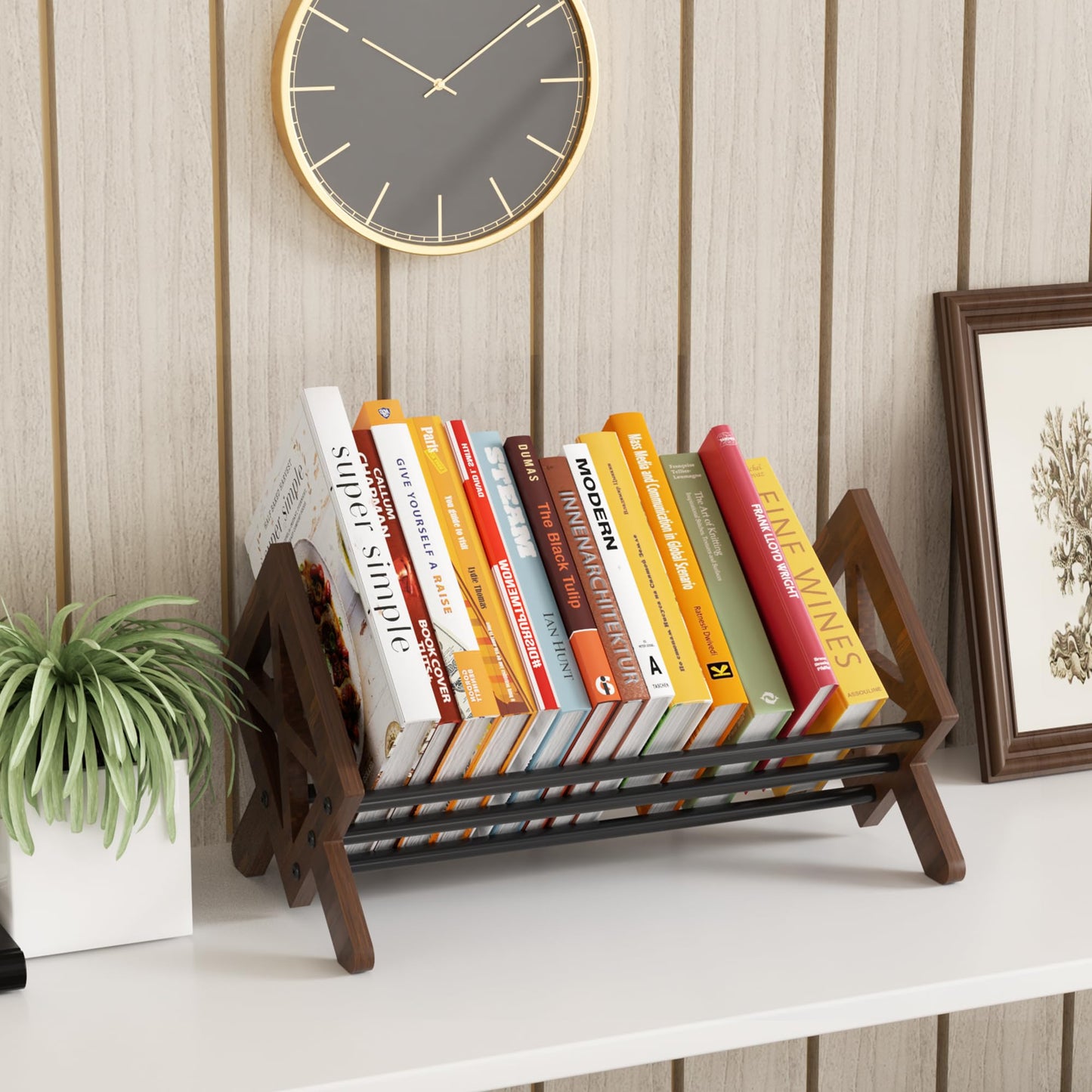 ART-GIFTREE Desktop Bookshelf Organizer, Wood Office Tabletop Book Storage Rack, Tilting Bookcase