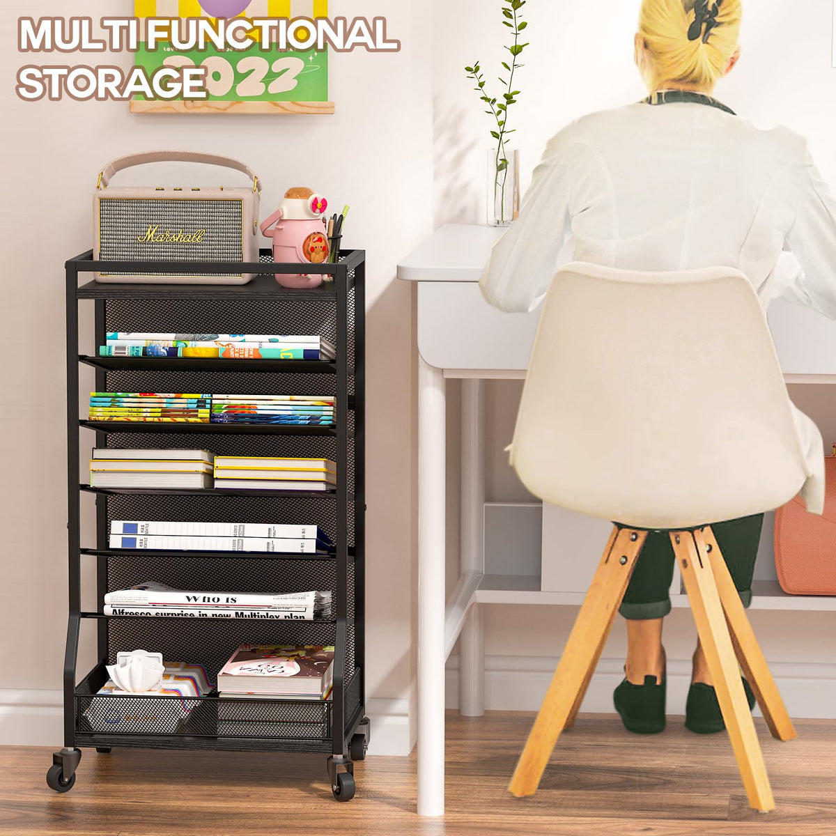 ThreeHio 7 Tier Rolling File Cart with Sliding Trays, Wood Metal File Organizer Beside Desk