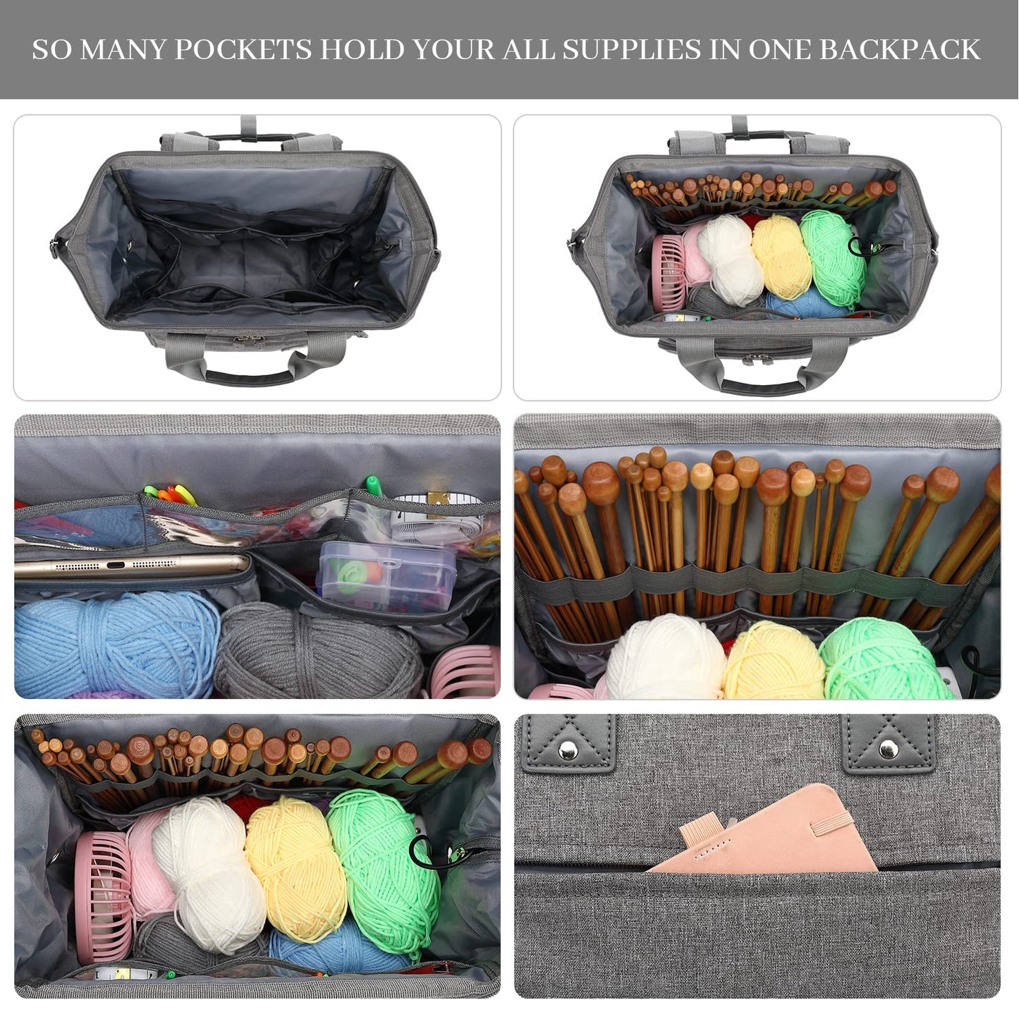 Knitting Bag Backpack Yarn Storage Organizer Travel Bag with USB Charging Port, Large Tote Bag