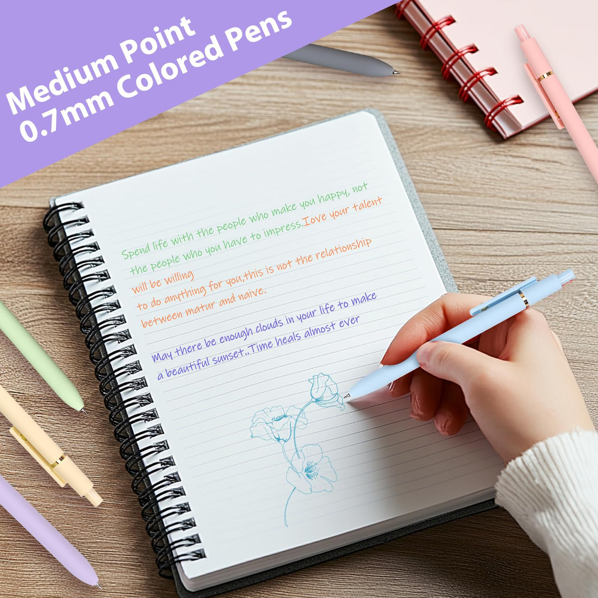 FIOVER Colorful Gel Pens,12Pcs 0.7mm Multi-Colored Pens for Journaling