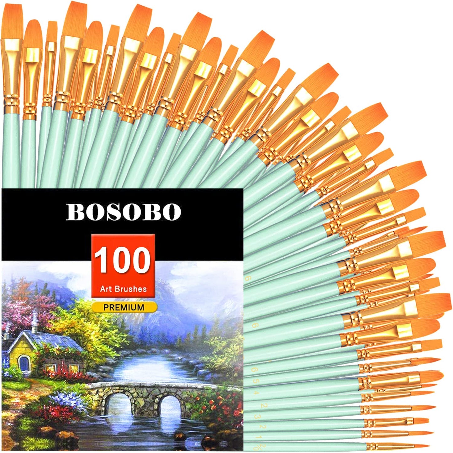 BOSOBO Paint Brushes Set, 10 Pack 100 Pcs Round Pointed Tip Paintbrushes Nylon Hair Artist Acrylic
