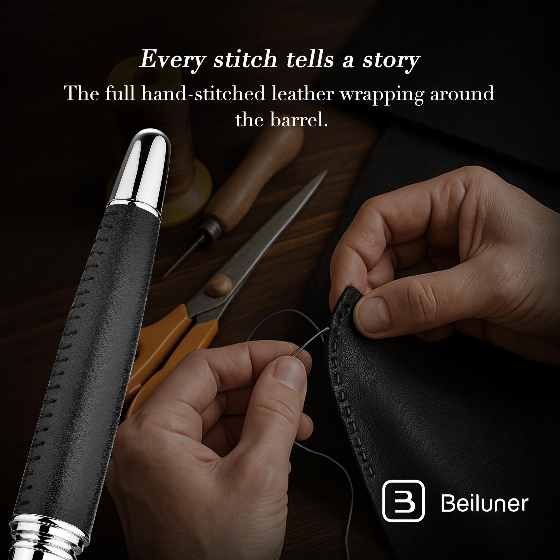 BEILUNER 318 Luxury Pen, Elegant Look,Hand-Stitched Premium Leather-Black