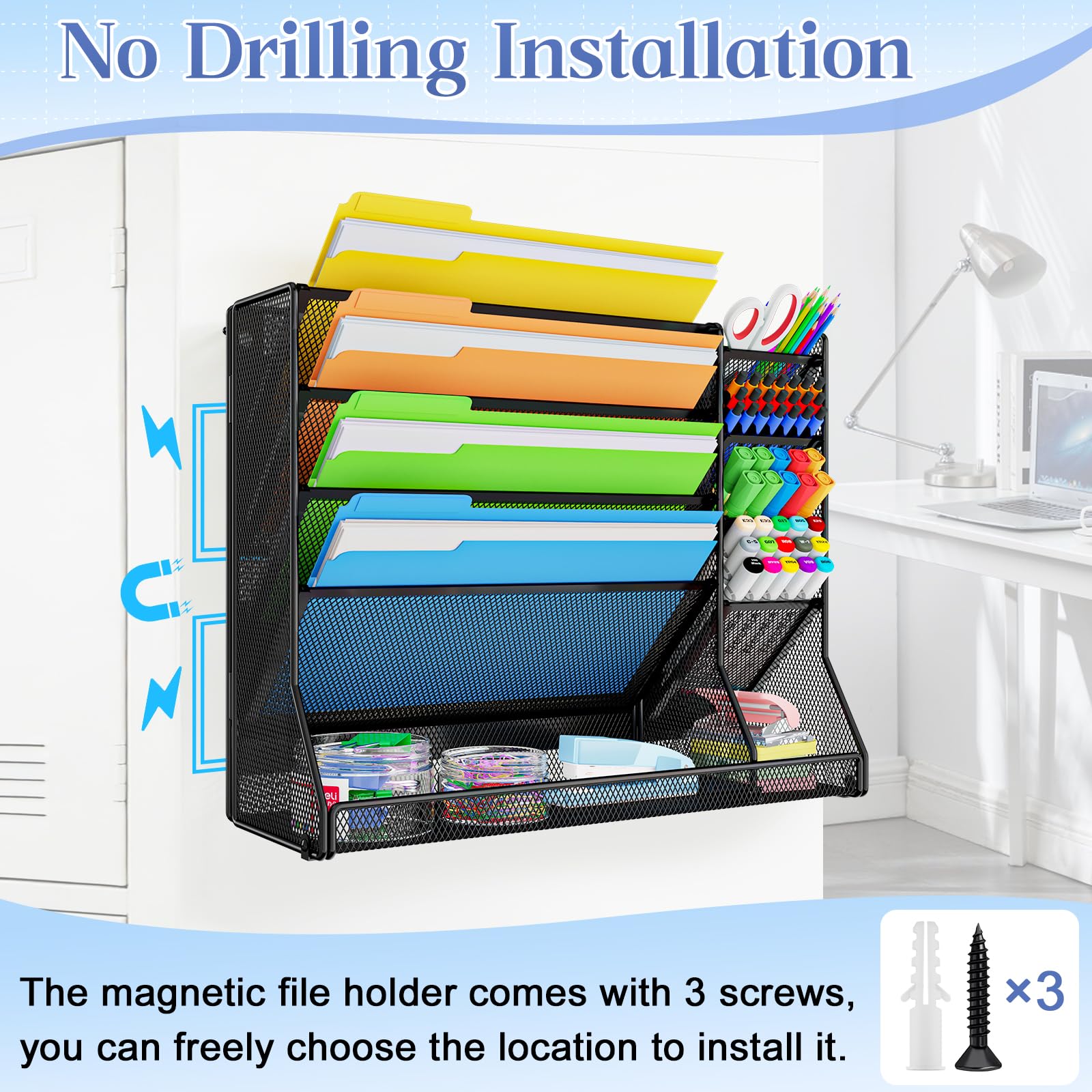 Jakyitvi 5-Tier Magnetic File Organizer R-Shaped Base Wall Hanging Black