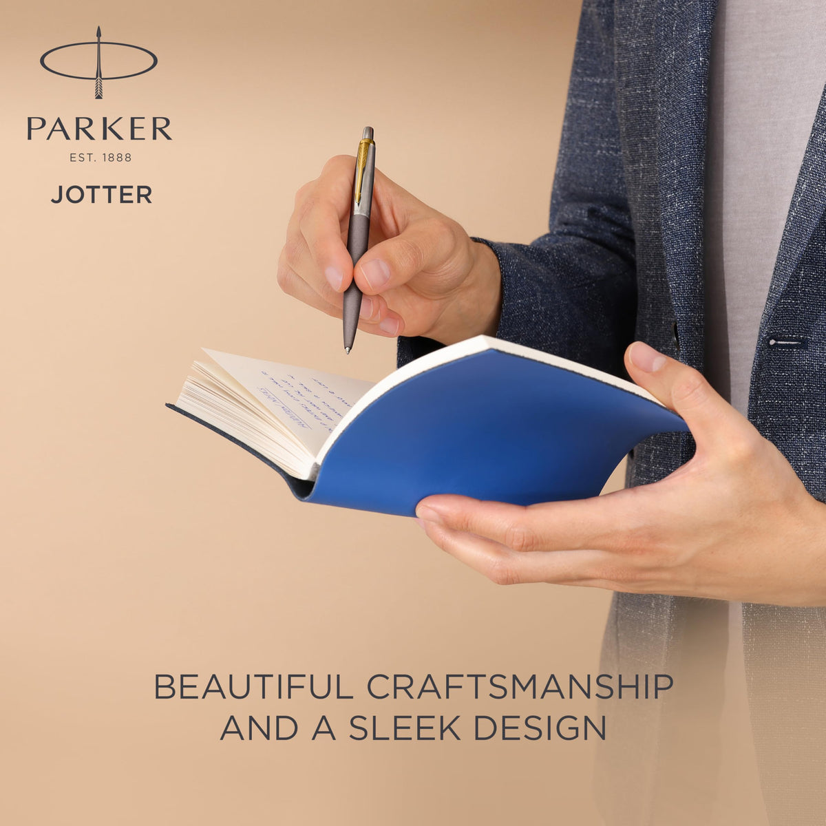 PARKER Jotter XL Ballpoint Pen | Grey Lacquer with Gold Trims | Medium Point | Blue Ink Refill |