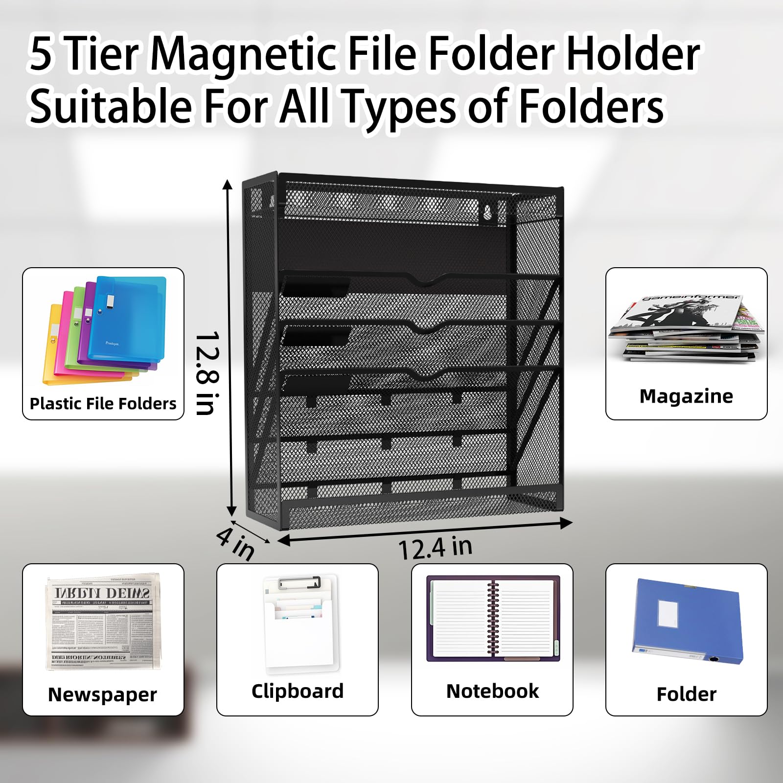 5 Tier Magnetic File Holder, No Drilling Wall File Organizer, Magazine Paper Mail Document
