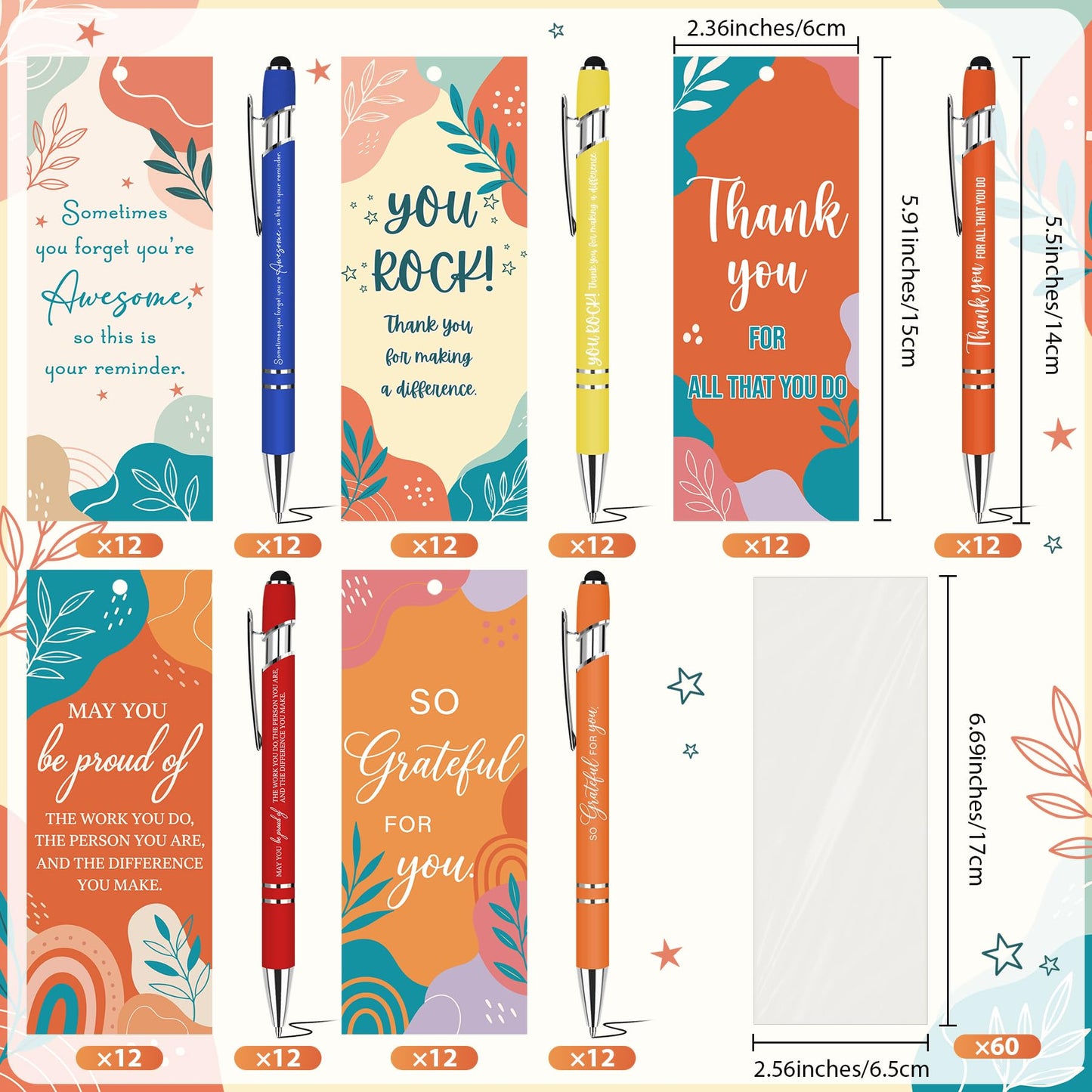 60 Sets Employee Appreciation Gifts Ballpoint Pens Bulk Inspirational Boho Black Ink with Stylus