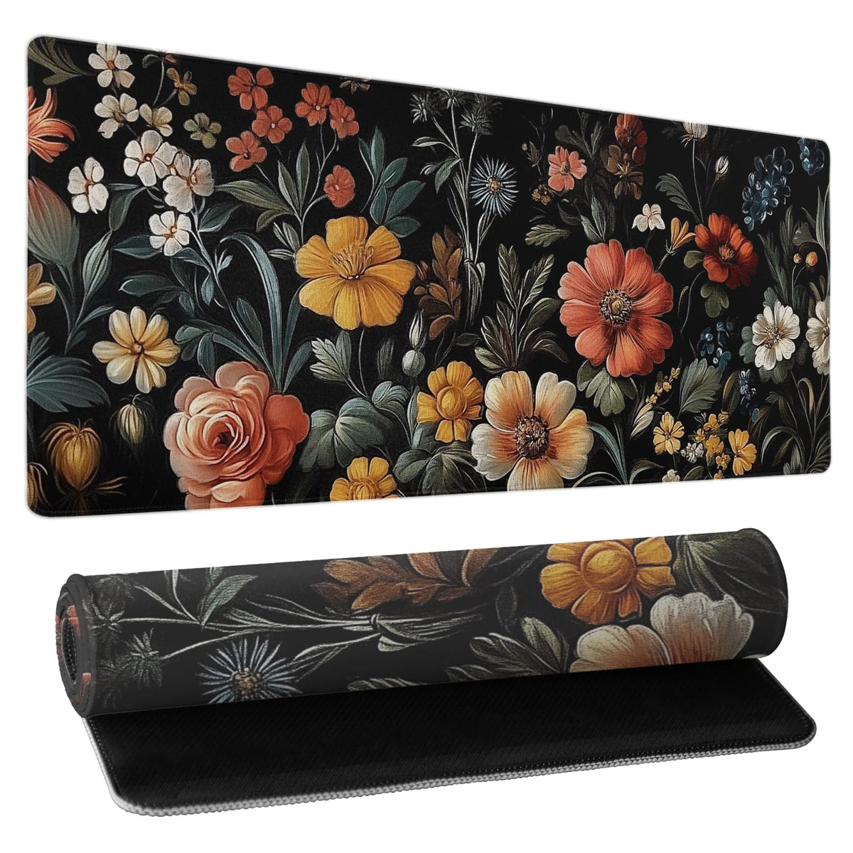 Large Floral Mouse Pad Extended Gaming Mousepad 31.5"x11.8" Vintage Aesthetic Black Desk Mat Flower