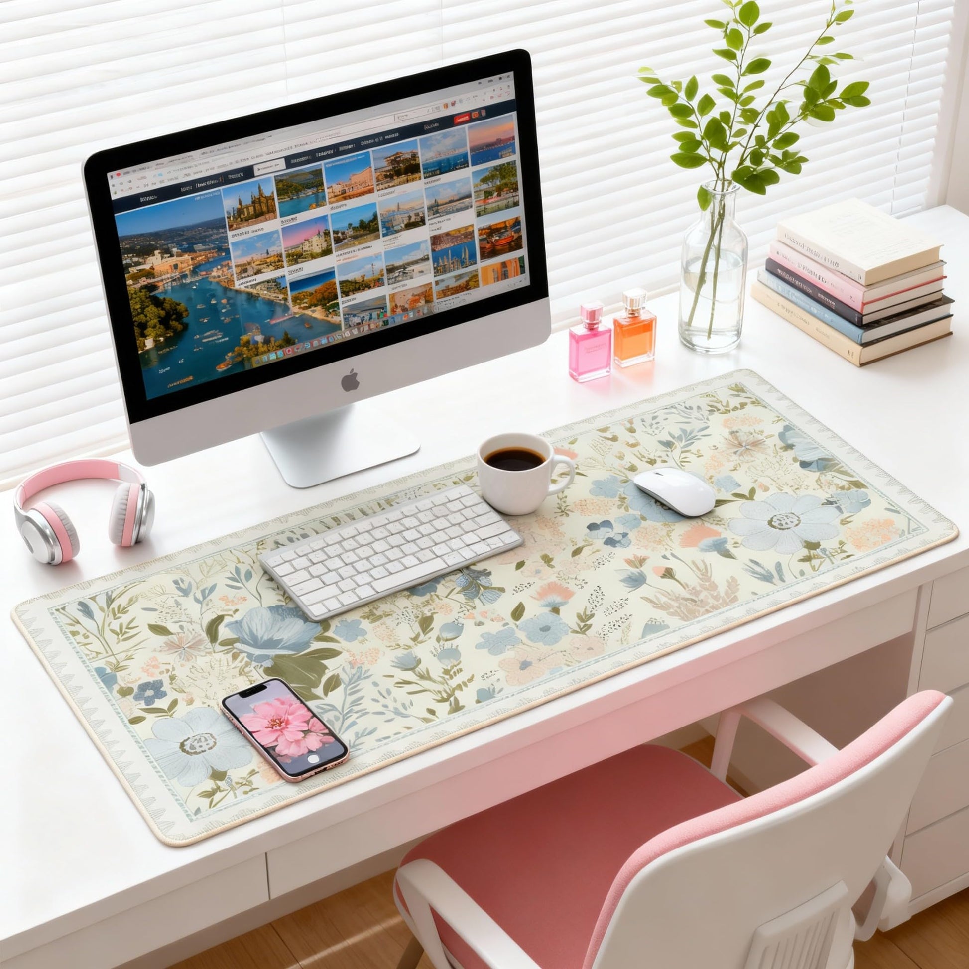 Sage Green Floral XXL Desk Pad, Extra Large Mouse Pad with Anti-Slip Base & Stitched Edges, Desk