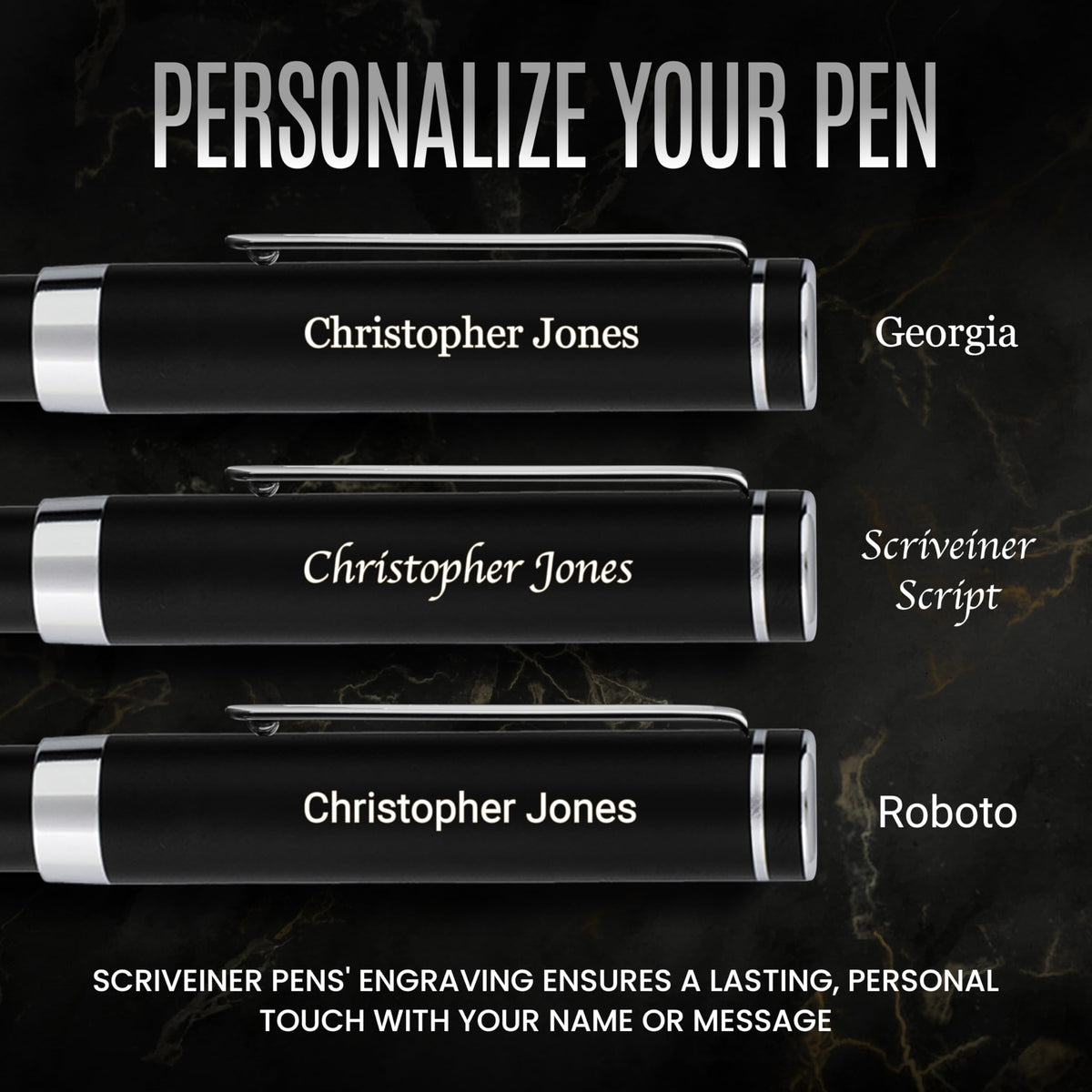 Scriveiner Personalized Luxury EDC Fountain Pen (Medium), Stunning Matt Black Pocket Pen, Chrome