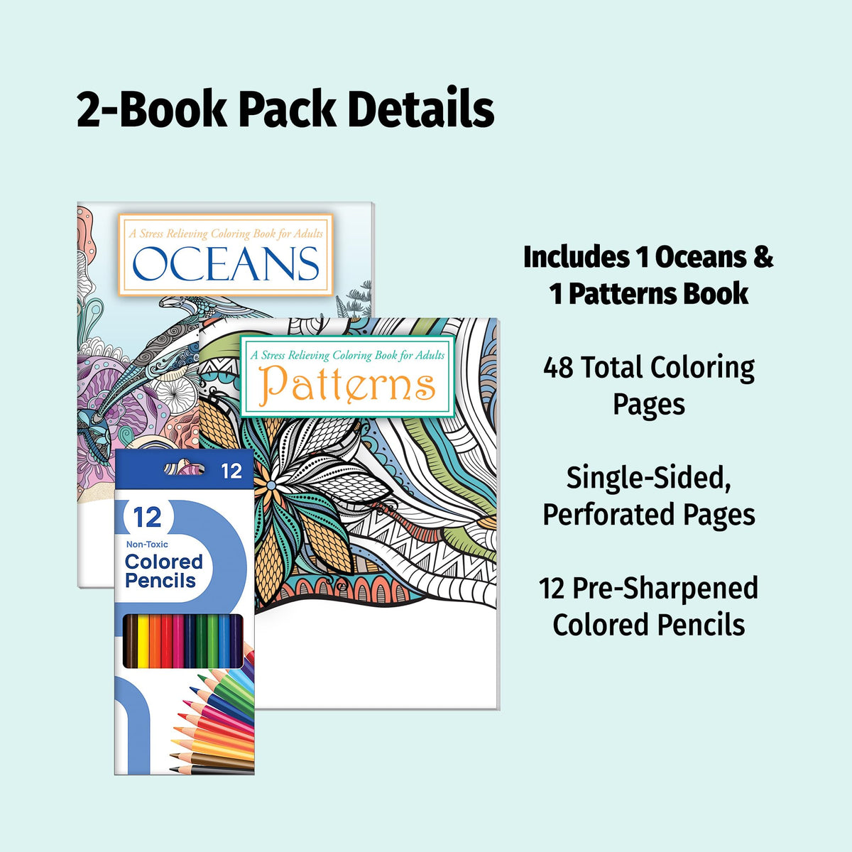 ZOCO – Adult Coloring Books with Colored Pencils (2-Pack Bundle) – Oceans and Patterns – for